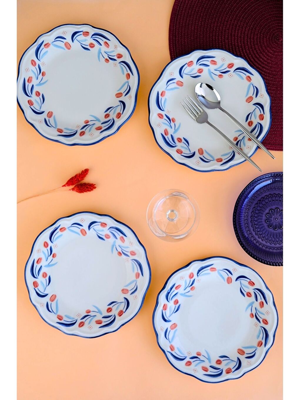 Beyaz Tulip Fulya Pasta Takımı Rimli 21cm 4 Kişilik 4 Parça FLY4PTPRS1157-6