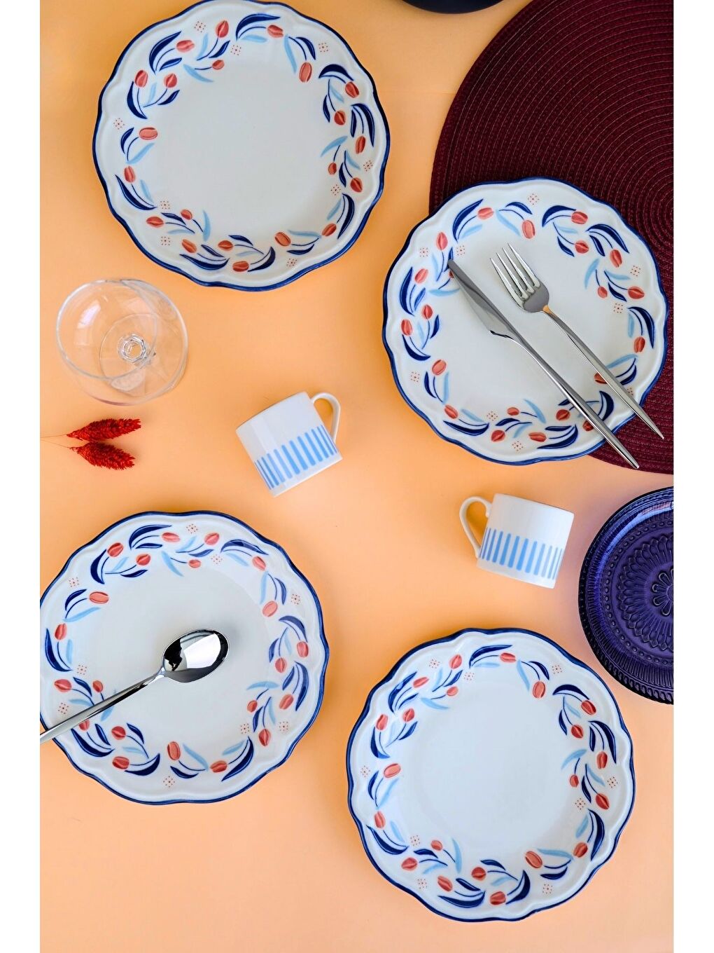 Beyaz Tulip Fulya Pasta Takımı Rimli 21cm 4 Kişilik 4 Parça FLY4PTPRS1157-7