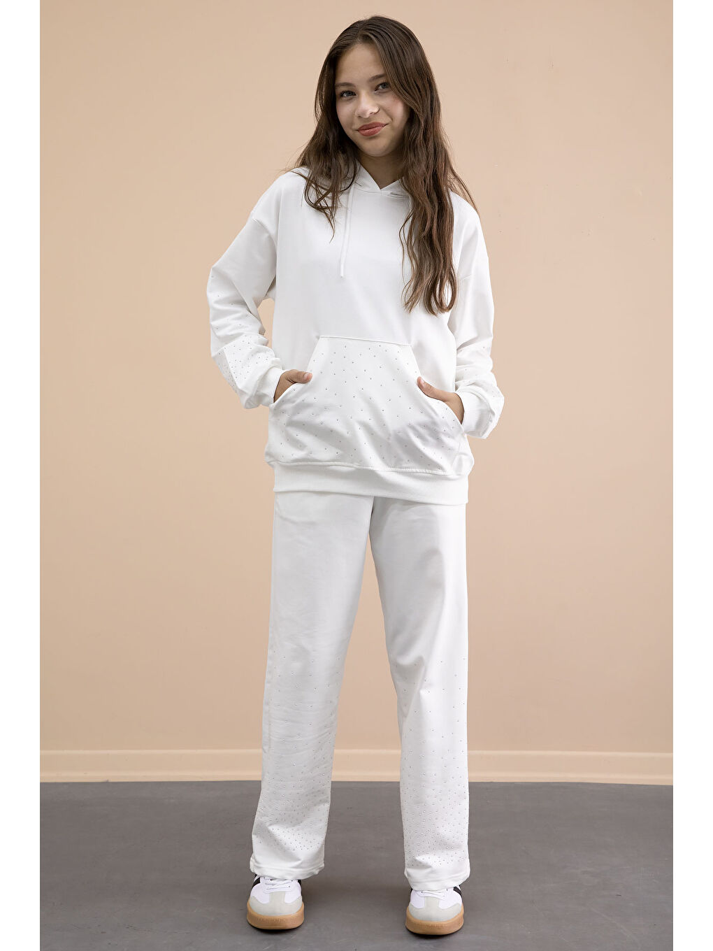 Ekru Kız Çocuk Taş Detaylı 2li Takım 21181-2