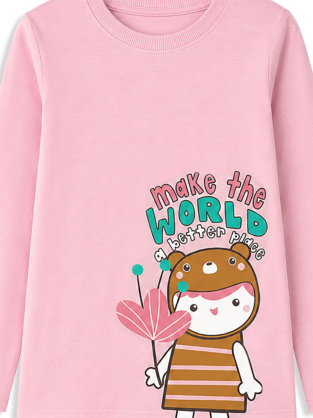 Pembe Kız Çocuk Pamuklu Uzun Kollu T-shirt & Tayt Takımı – Sevimli Karakter Baskılı (2-8 Y)-2