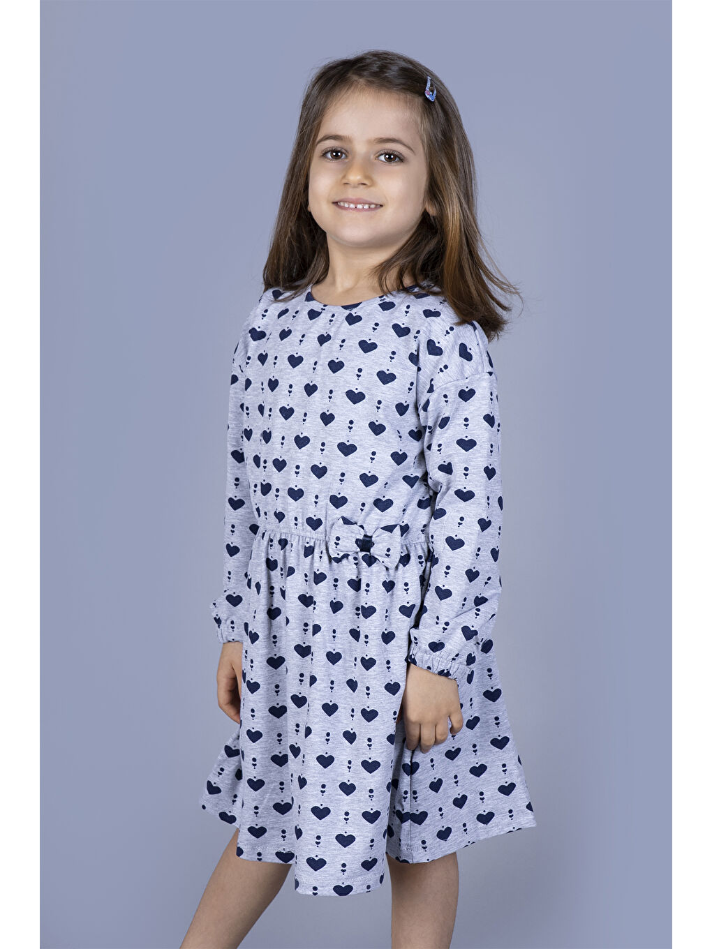Gri Kız Çocuk Kalp Desenli Elbise-1