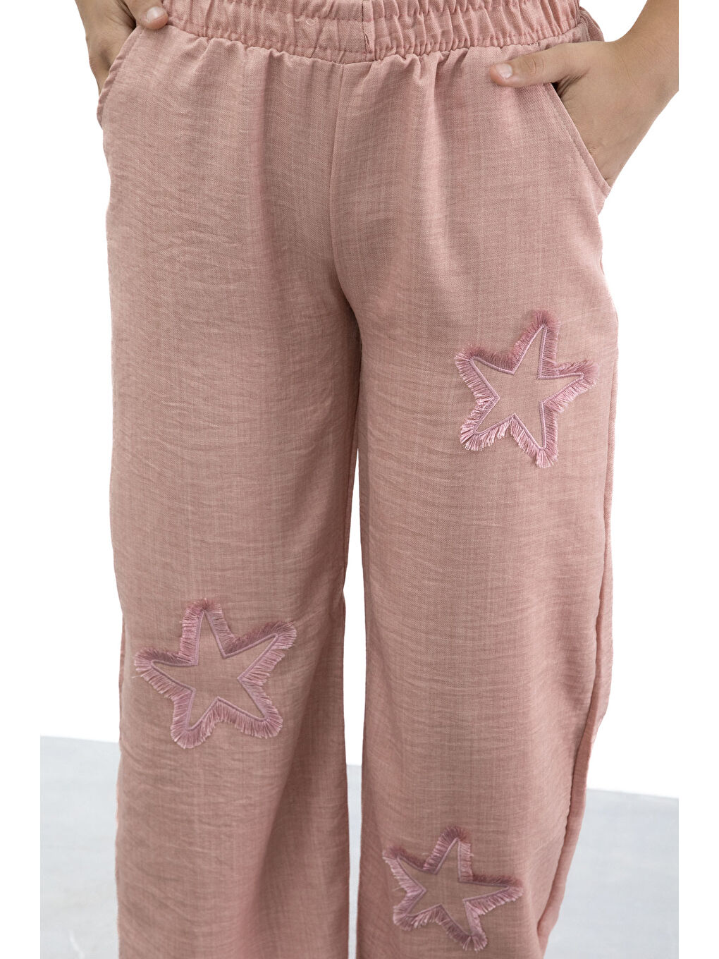 Pembe Somon Yıldız Nakışlı Geniş Paça Rahat Kumaş Kız Çocuk Pantolon 21185-2
