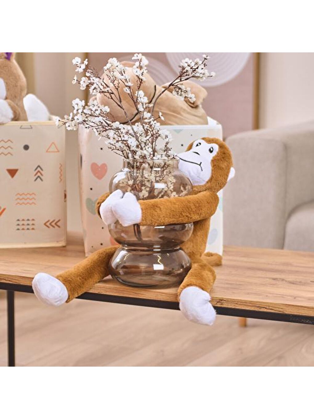 Soft Cırtcırtlı Maymun Figürlü Yastık - Kahverengi - 90x15 cm-4