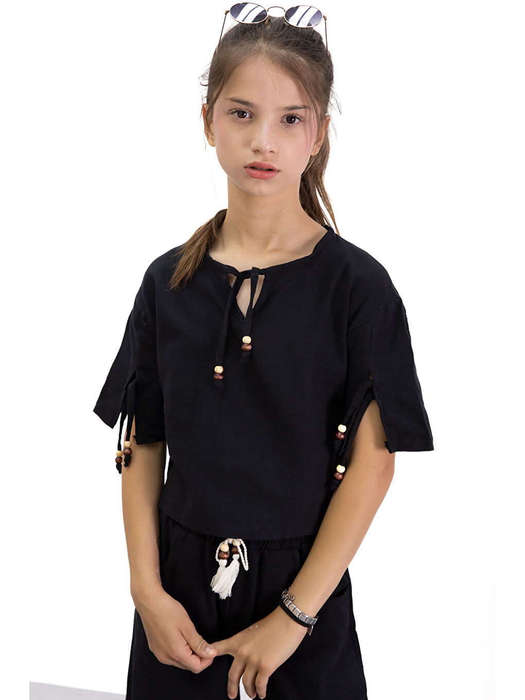 Siyah Boyundan Bağlamalı Tişörtlü Kız Çocuk Pantolonlu 2li Takım 21186-1