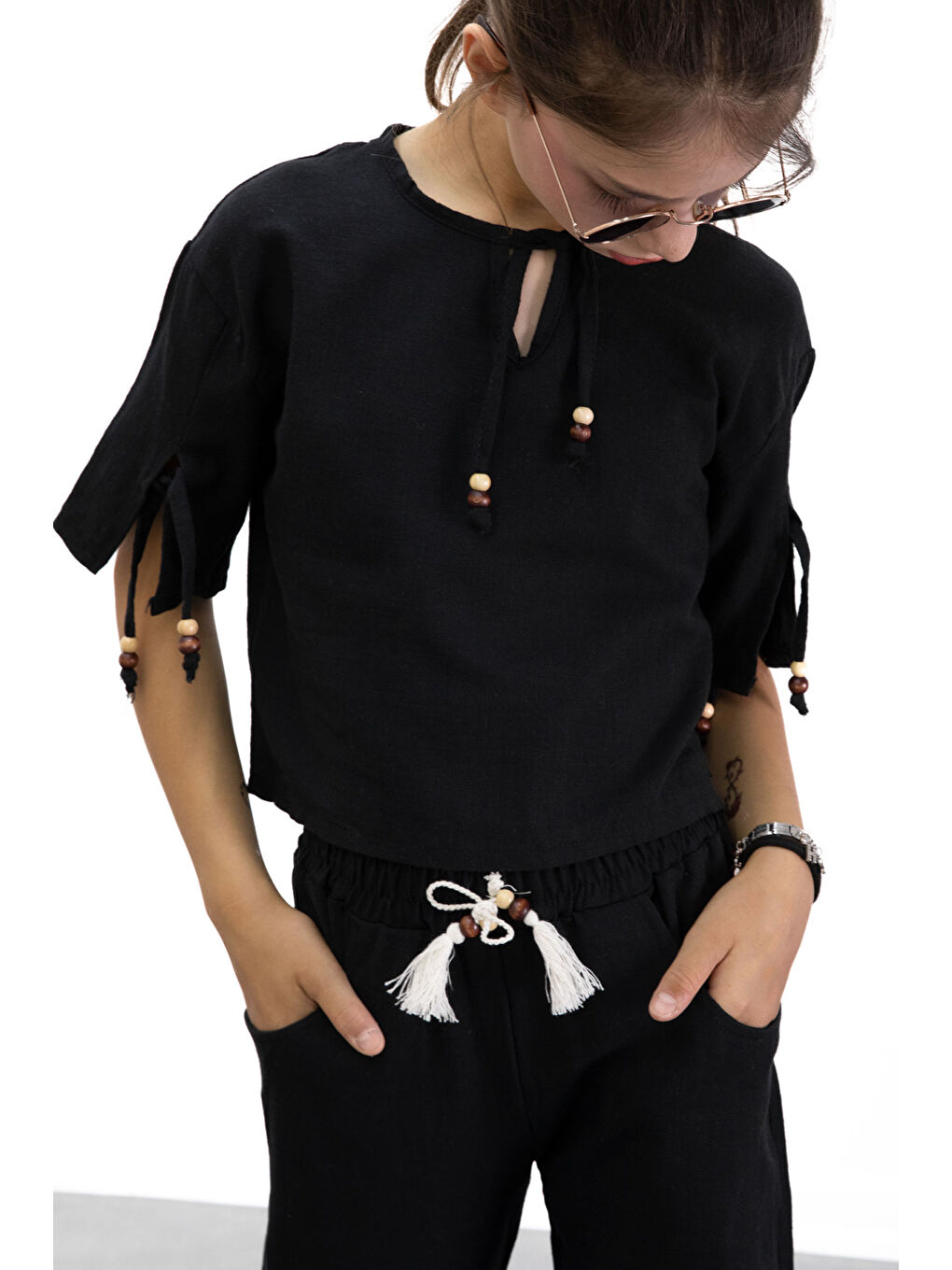 Siyah Boyundan Bağlamalı Tişörtlü Kız Çocuk Pantolonlu 2li Takım 21186-3