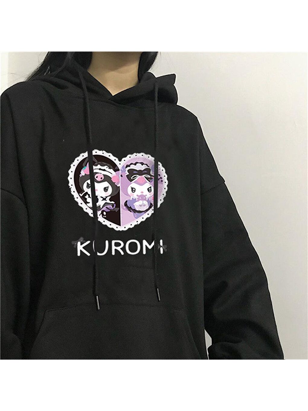 Touz Moda Siyah Heart Kuromi Baskılı Siyah Kapüşonlu Sweatshirt