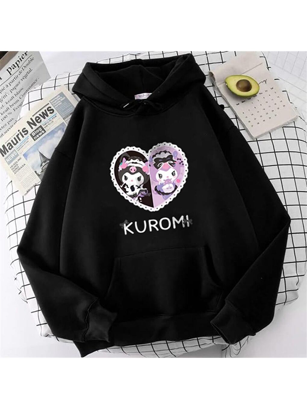 Touz Moda Siyah Heart Kuromi Baskılı Siyah Kapüşonlu Sweatshirt - 1