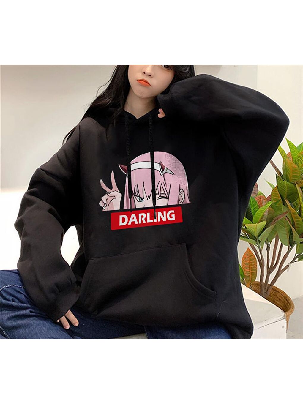 Touz Moda Siyah Zero Two Darling Baskılı Siyah Unisex Oversize Kapüşonlu Sweatshirt