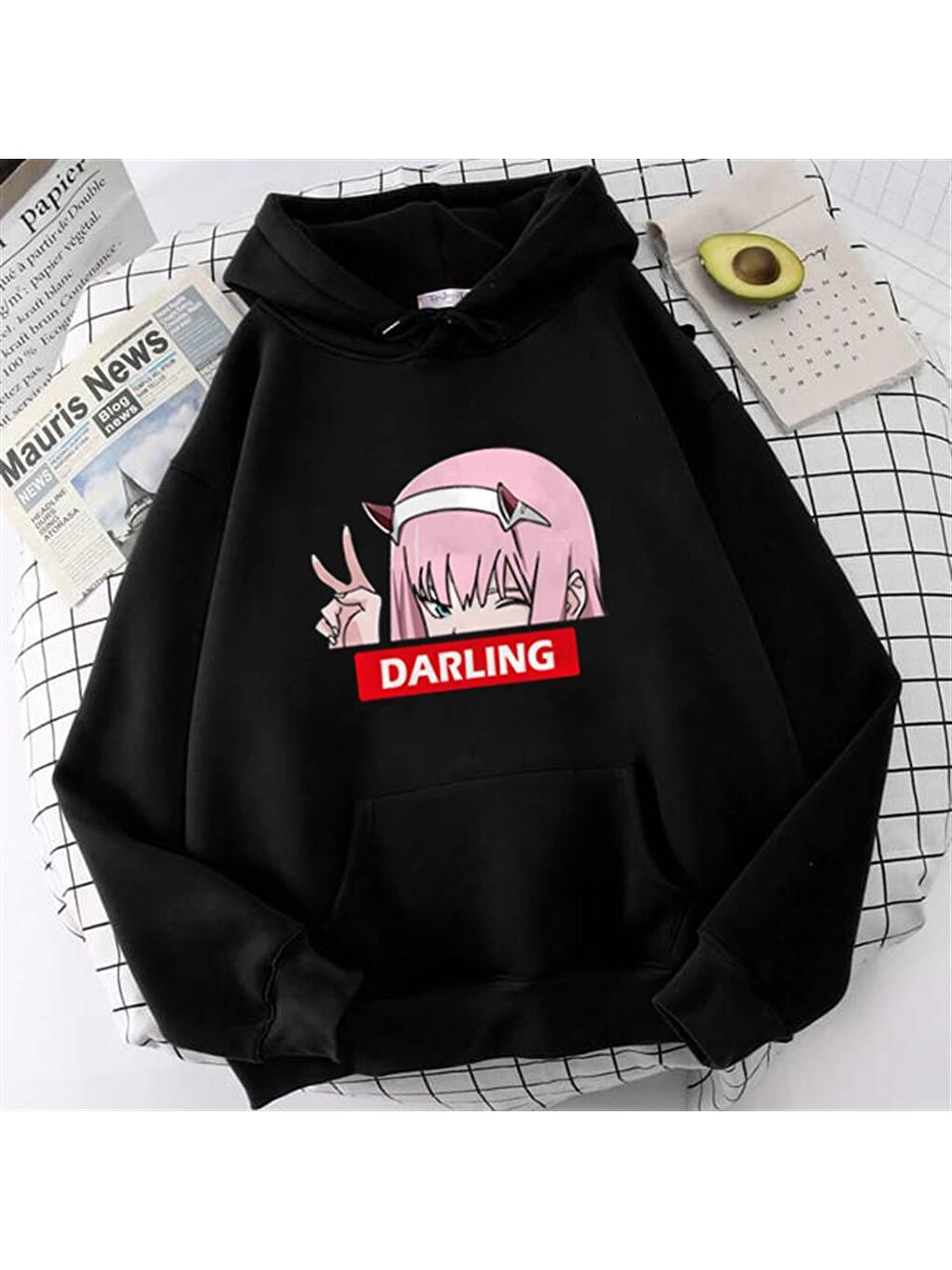 Touz Moda Siyah Zero Two Darling Baskılı Siyah Unisex Oversize Kapüşonlu Sweatshirt - 1