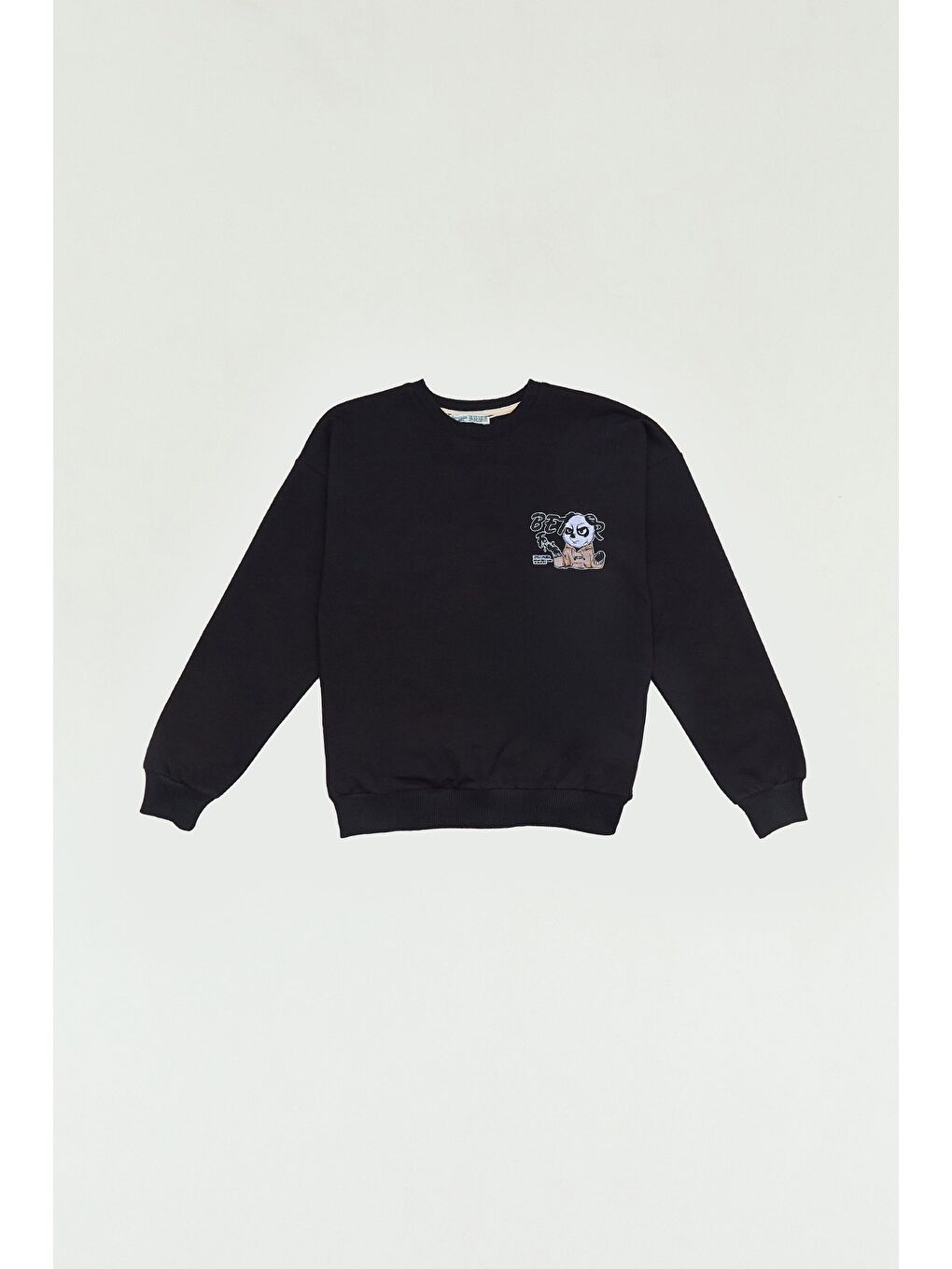 Siyah Önü Ve Arkası Baskılı Bisiklet Yaka Erkek Çocuk Sweatshirt