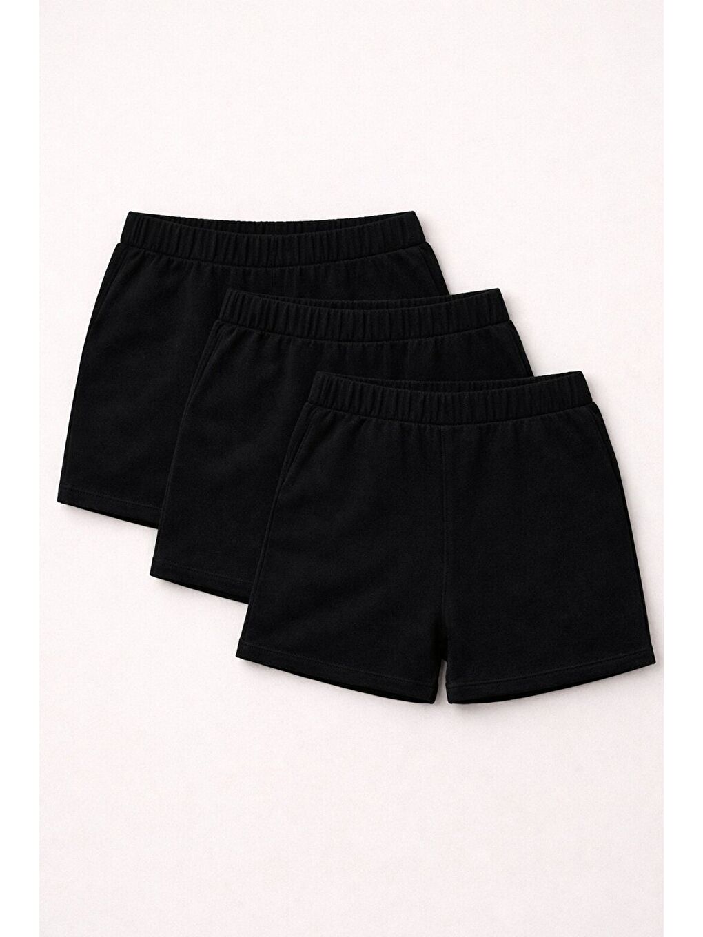 Siyah 3'lü Paket Set Genç Kız Beli Lastikli Basic Pamuklu Şort