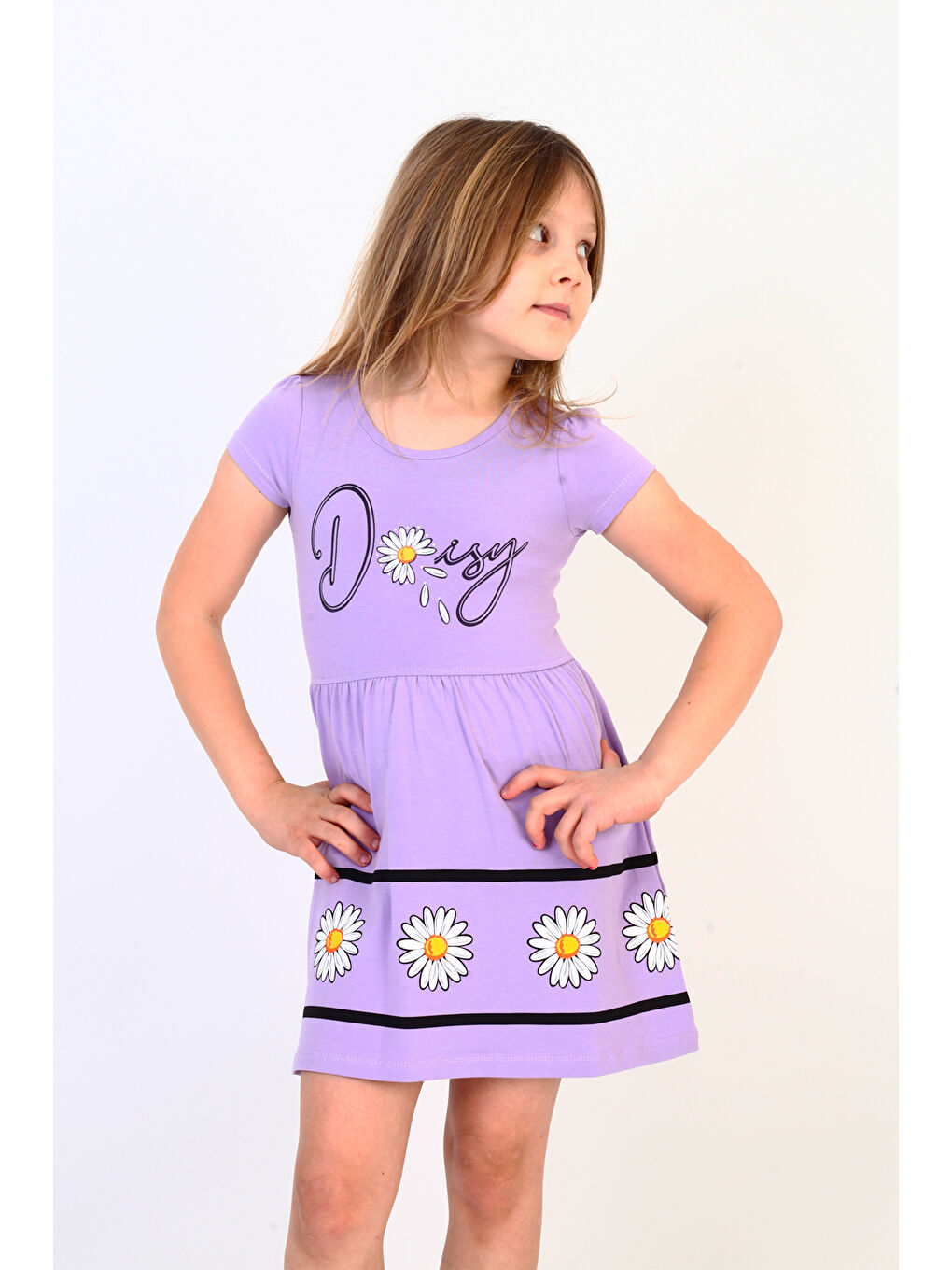 Lila Kız Çocuk Papatya Desenli Elbise
