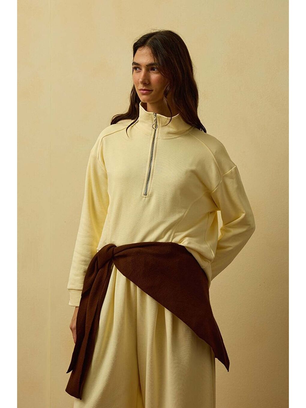 Tereyağ Sarısı 3 İplik Yarım Fermuarlı Sweat