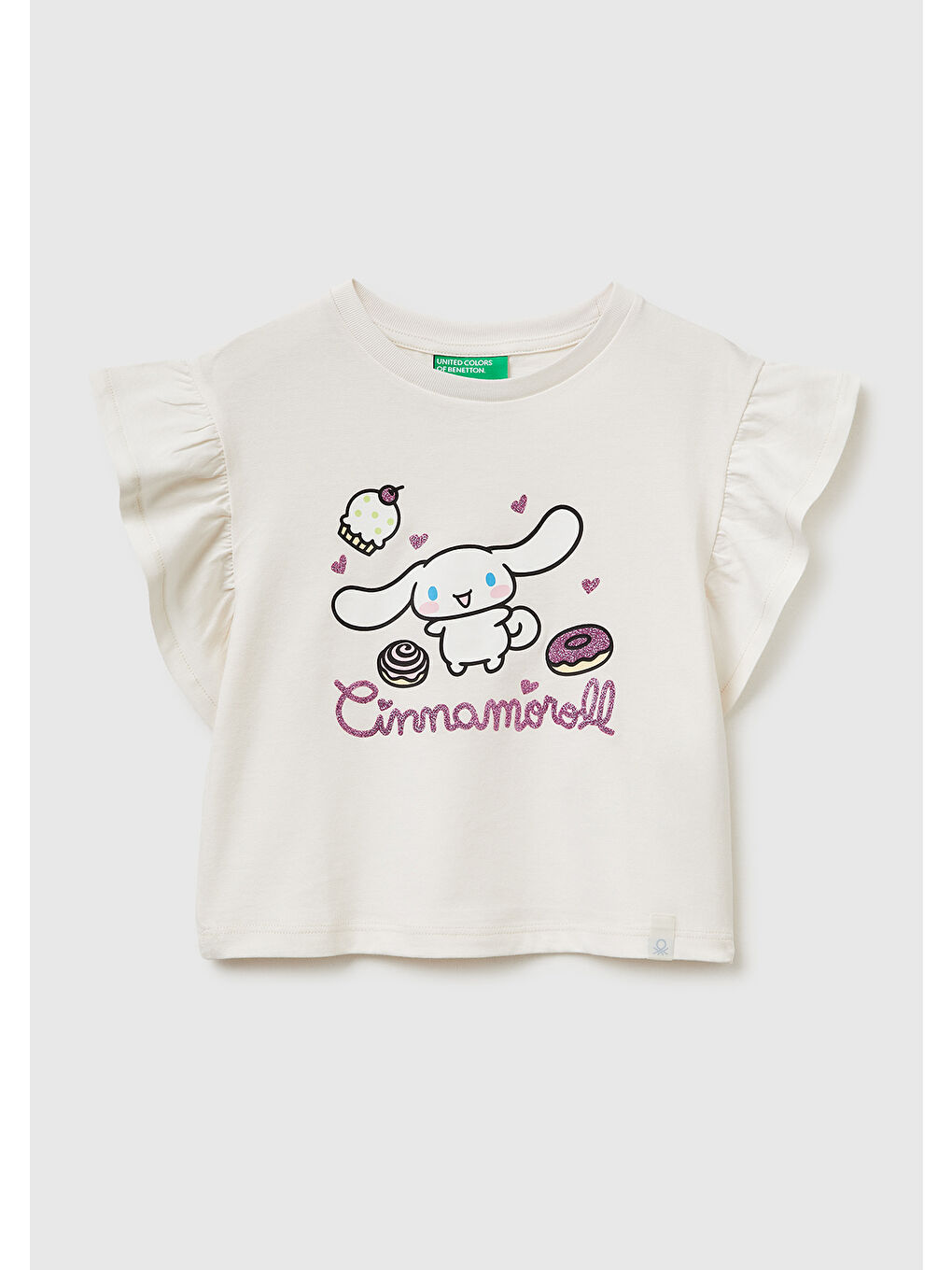 Kız Çocuk Ekru Simli Grafik Baskılı Etek Ucu Logo Etiketli Bisiklet Yaka T-Shirt