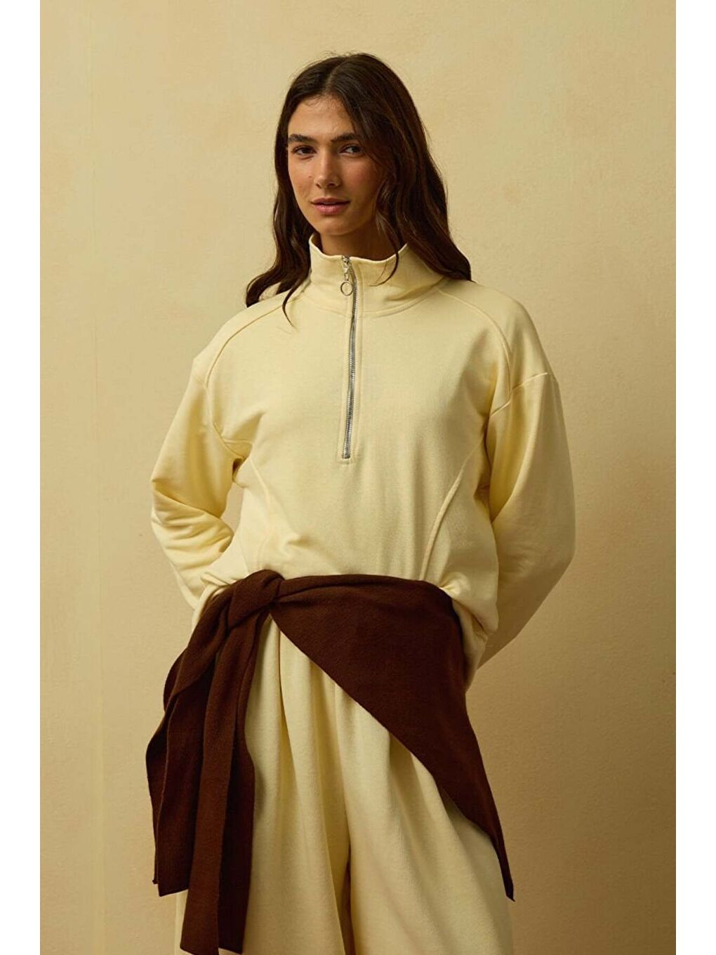 Tereyağ Sarısı 3 İplik Yarım Fermuarlı Sweat-1