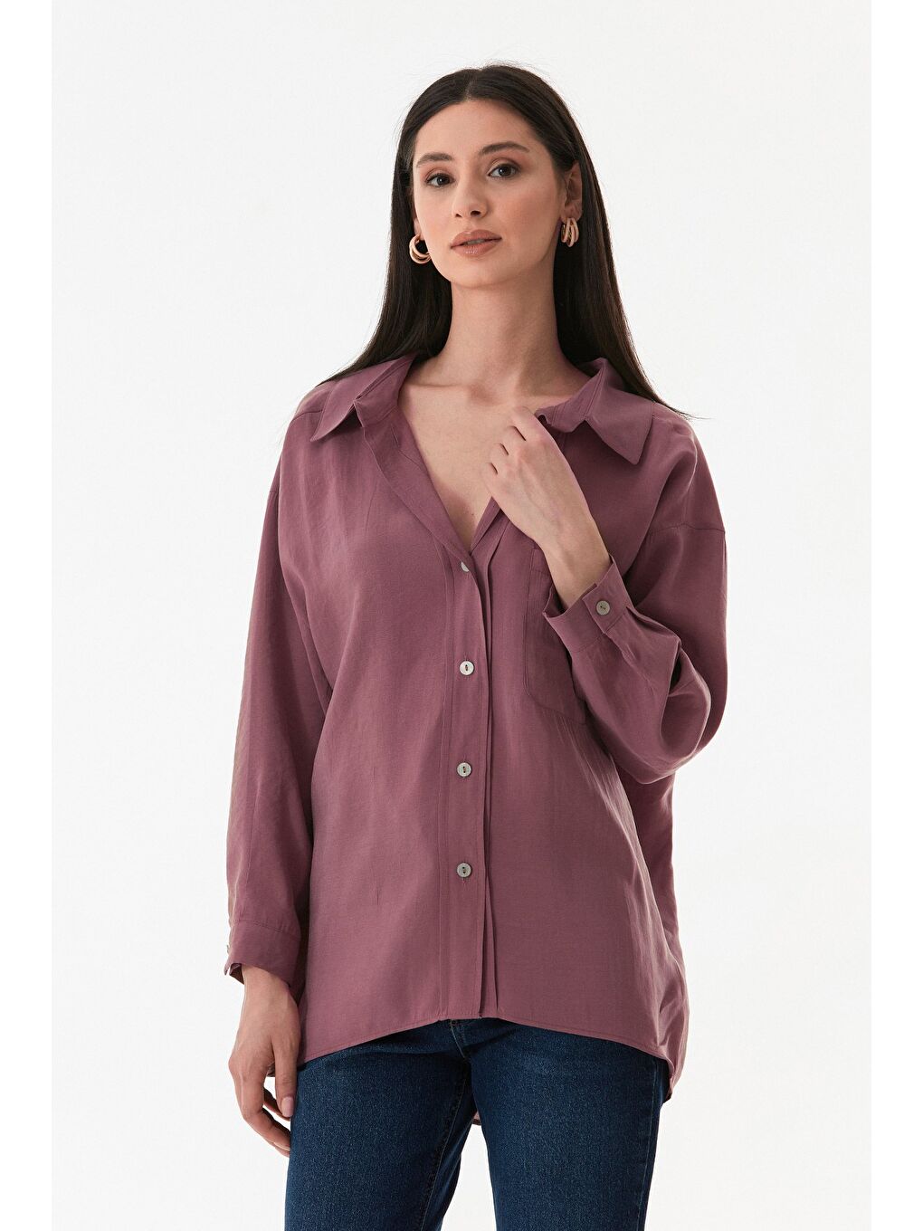 Pembe Basic Arkası Uzun Salaş Gömlek-2