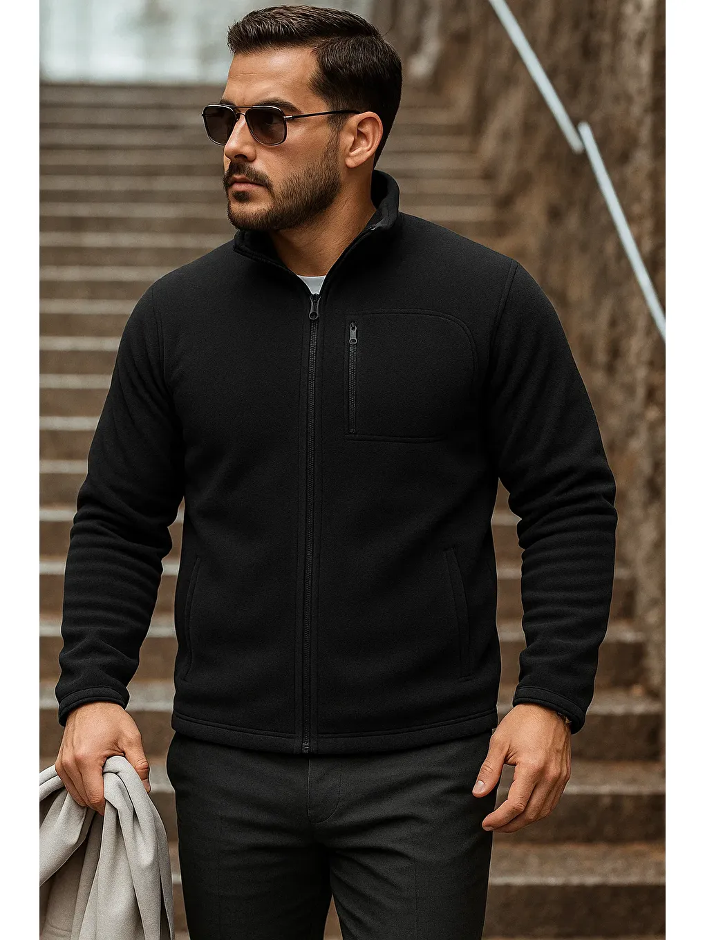 Erkek Fermuarlı Trend Kışlık Cepli Siyah Polar Hırka