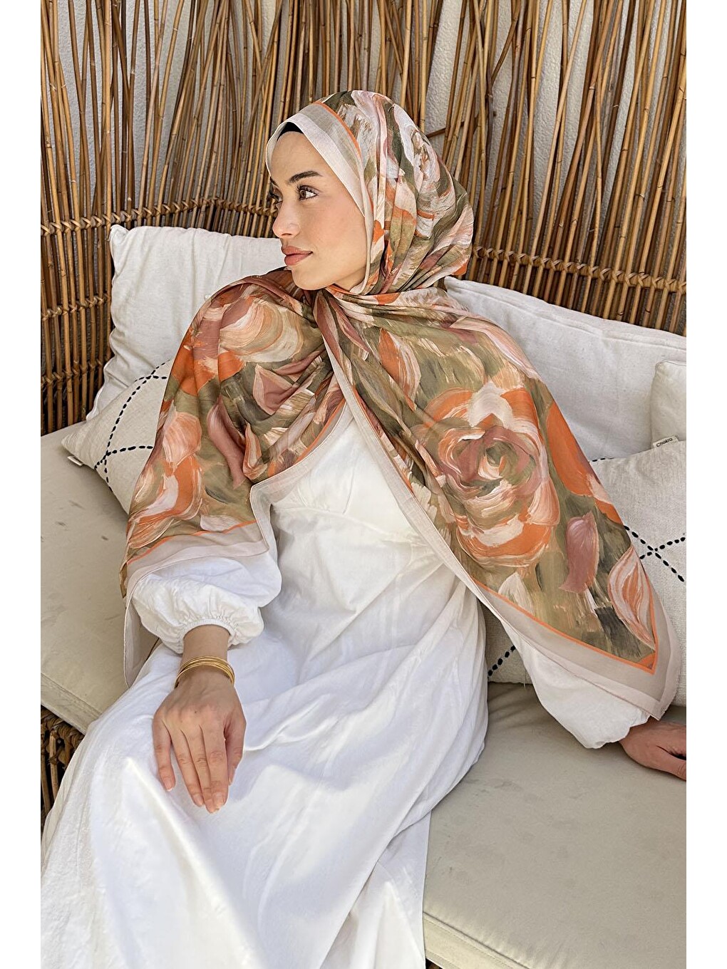 Çiçek Desen Pamuk Şal Bej-3