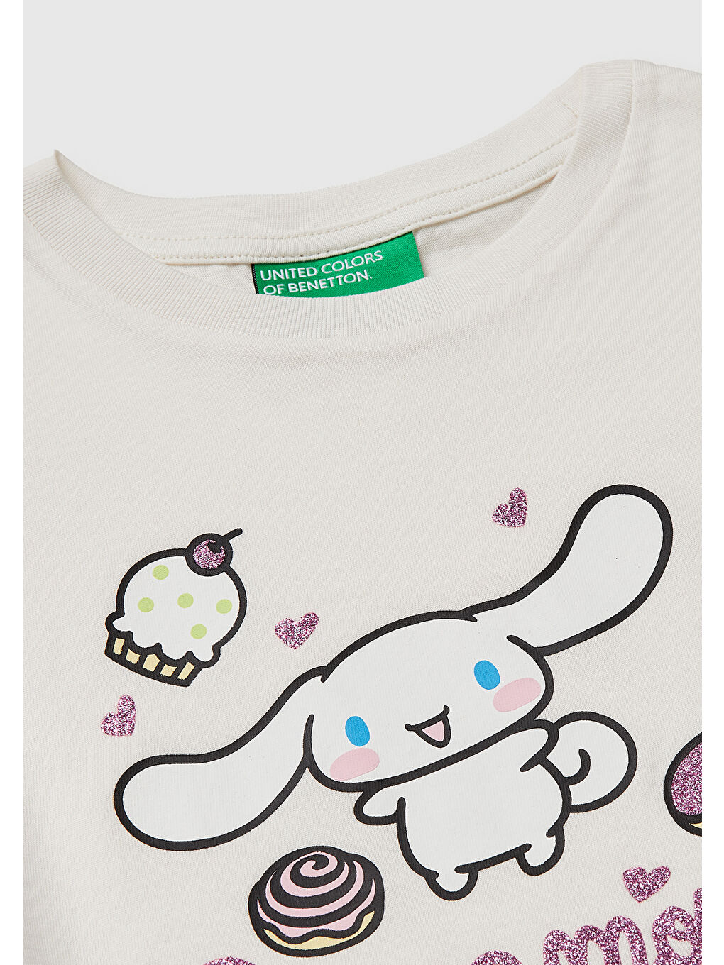 Kız Çocuk Ekru Simli Grafik Baskılı Etek Ucu Logo Etiketli Bisiklet Yaka T-Shirt-2