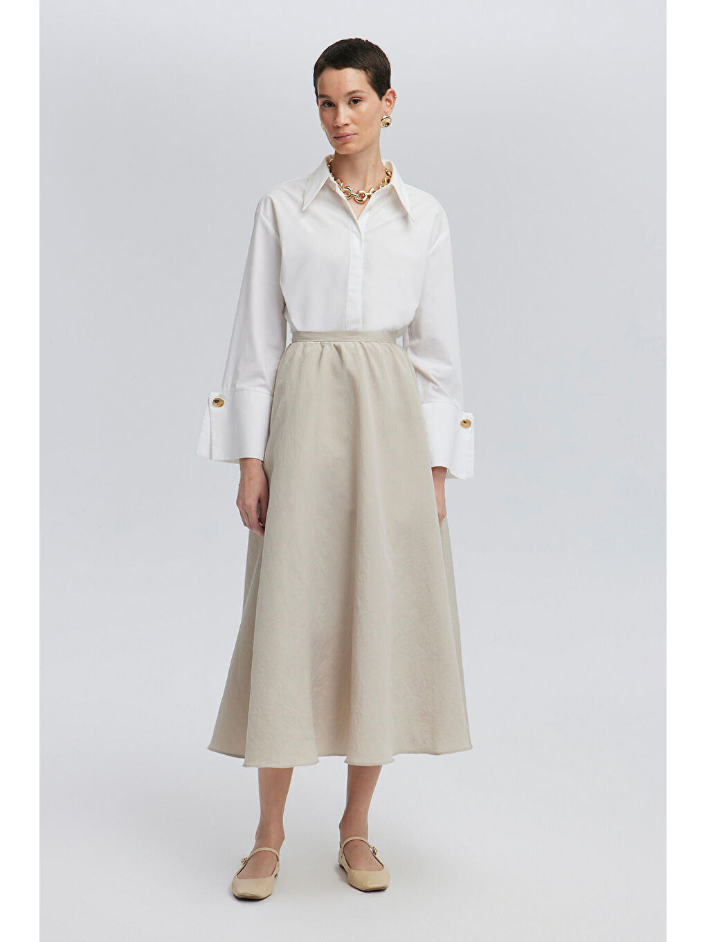 Bej Volanlı Kupra Etek-1