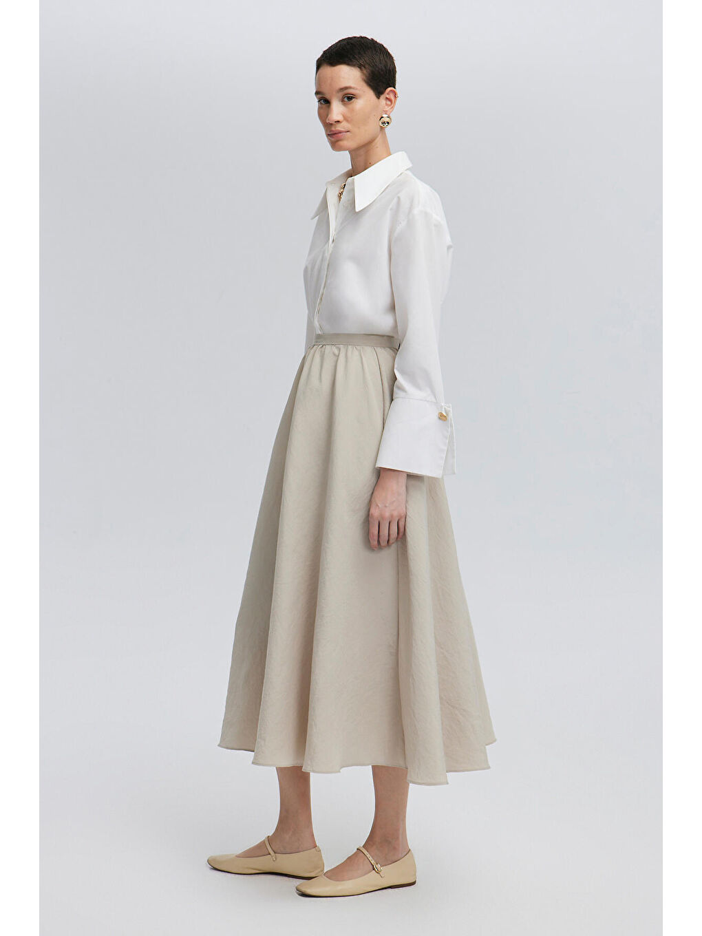Bej Volanlı Kupra Etek-3