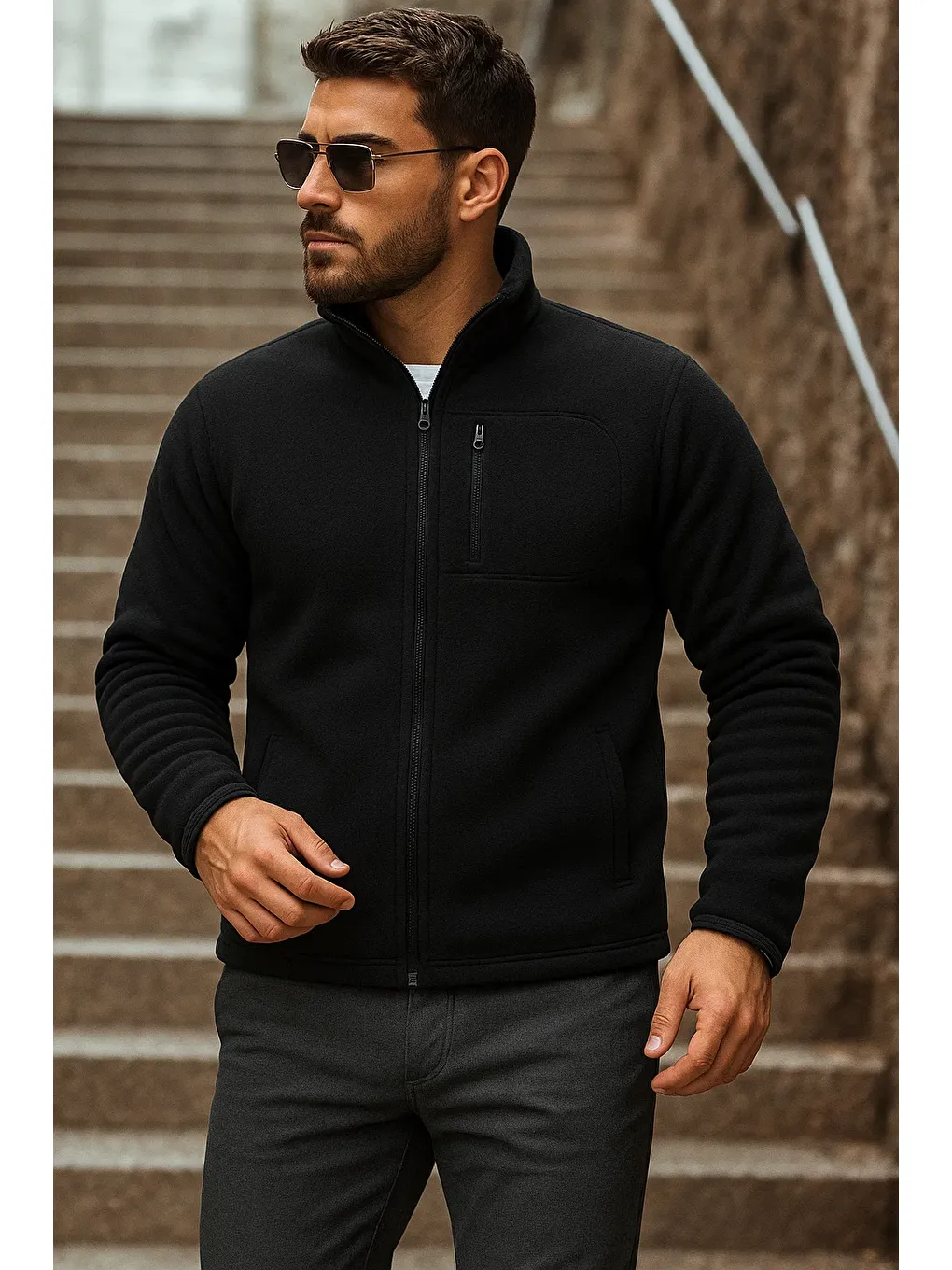 Erkek Fermuarlı Trend Kışlık Cepli Siyah Polar Hırka-1