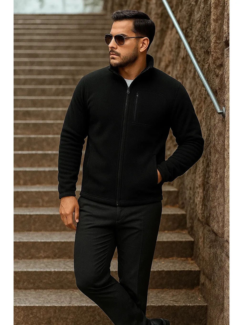 Erkek Fermuarlı Trend Kışlık Cepli Siyah Polar Hırka-2