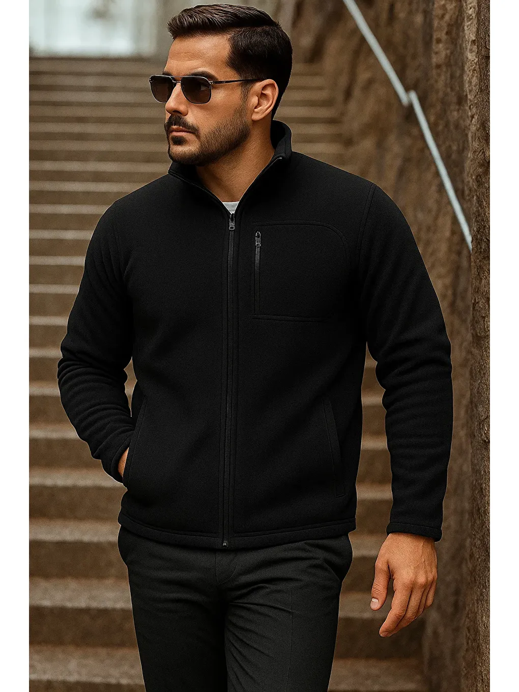 Erkek Fermuarlı Trend Kışlık Cepli Siyah Polar Hırka-3