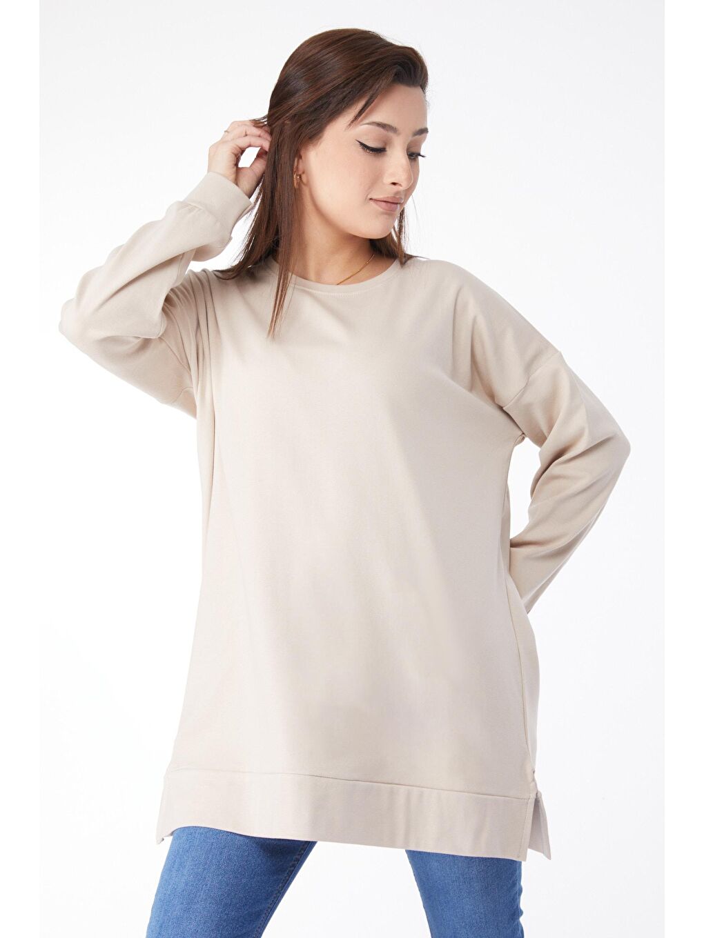 Bisiklet Yaka Kadın Bej Uzun Kollu Sweatshirt - 24653