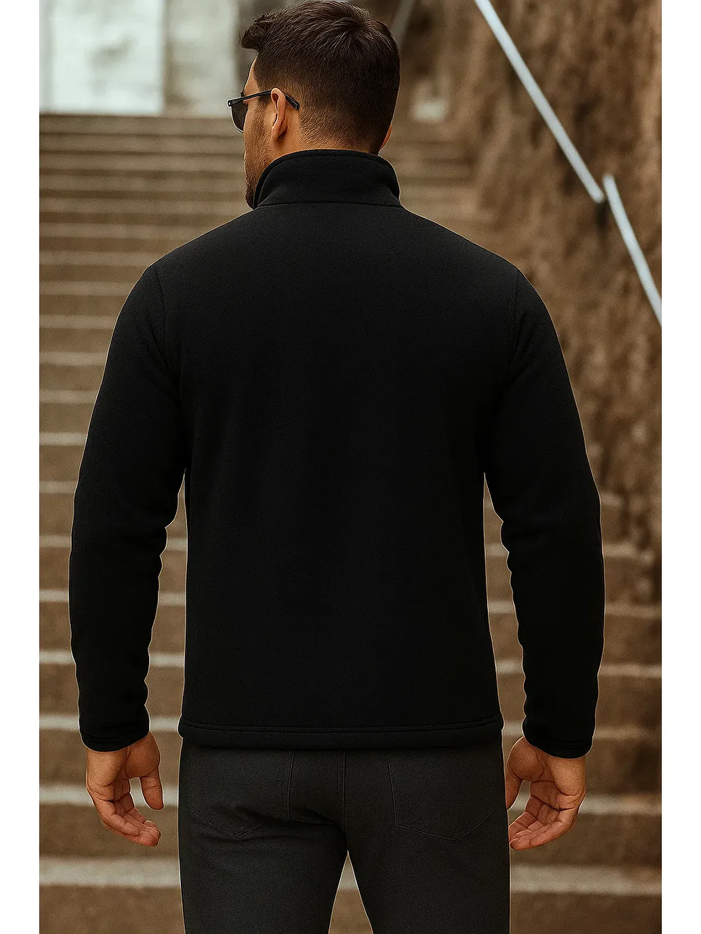 Erkek Fermuarlı Trend Kışlık Cepli Siyah Polar Hırka-4