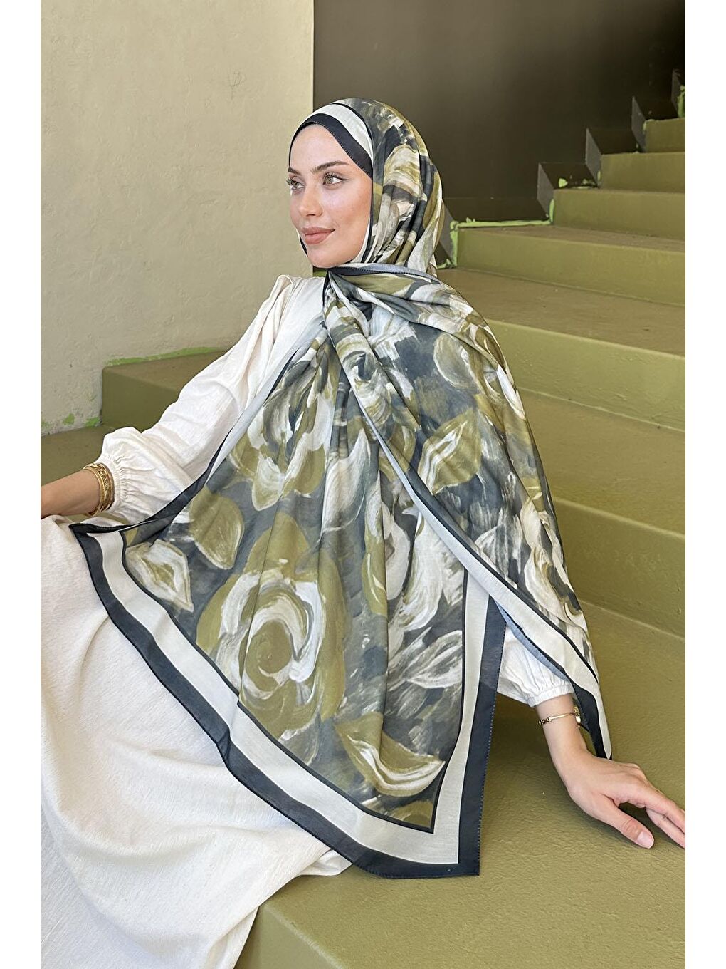 Çiçek Desen Pamuk Şal Yağ Yeşili-3