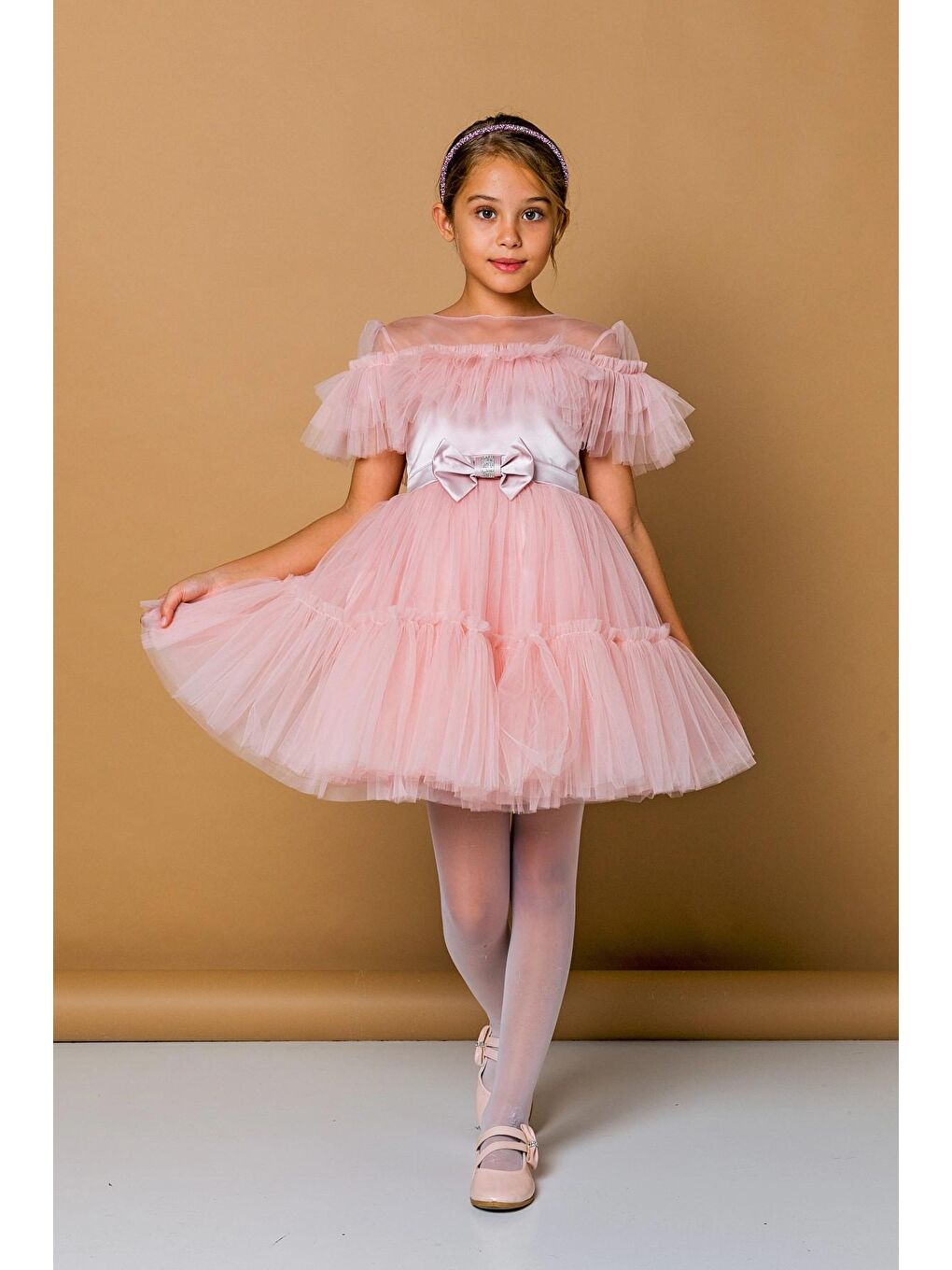 Pembe Beli Kurdeleli Fırfırlı Tüllü Abiye 2246