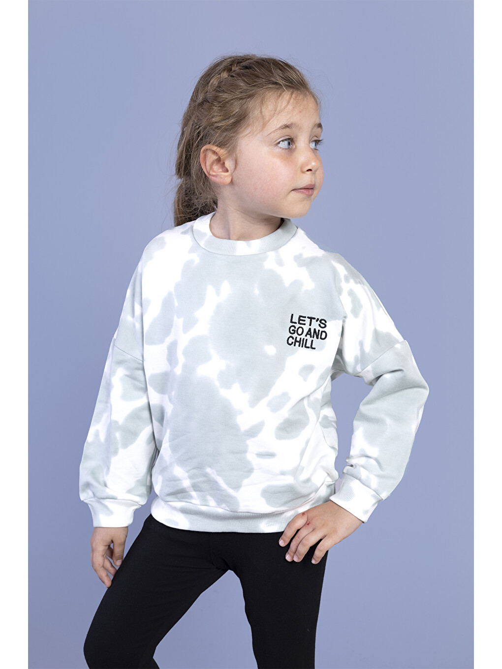 Turkuaz Kız Çocuk Nakışlı Batik Desenli Sweatshirt