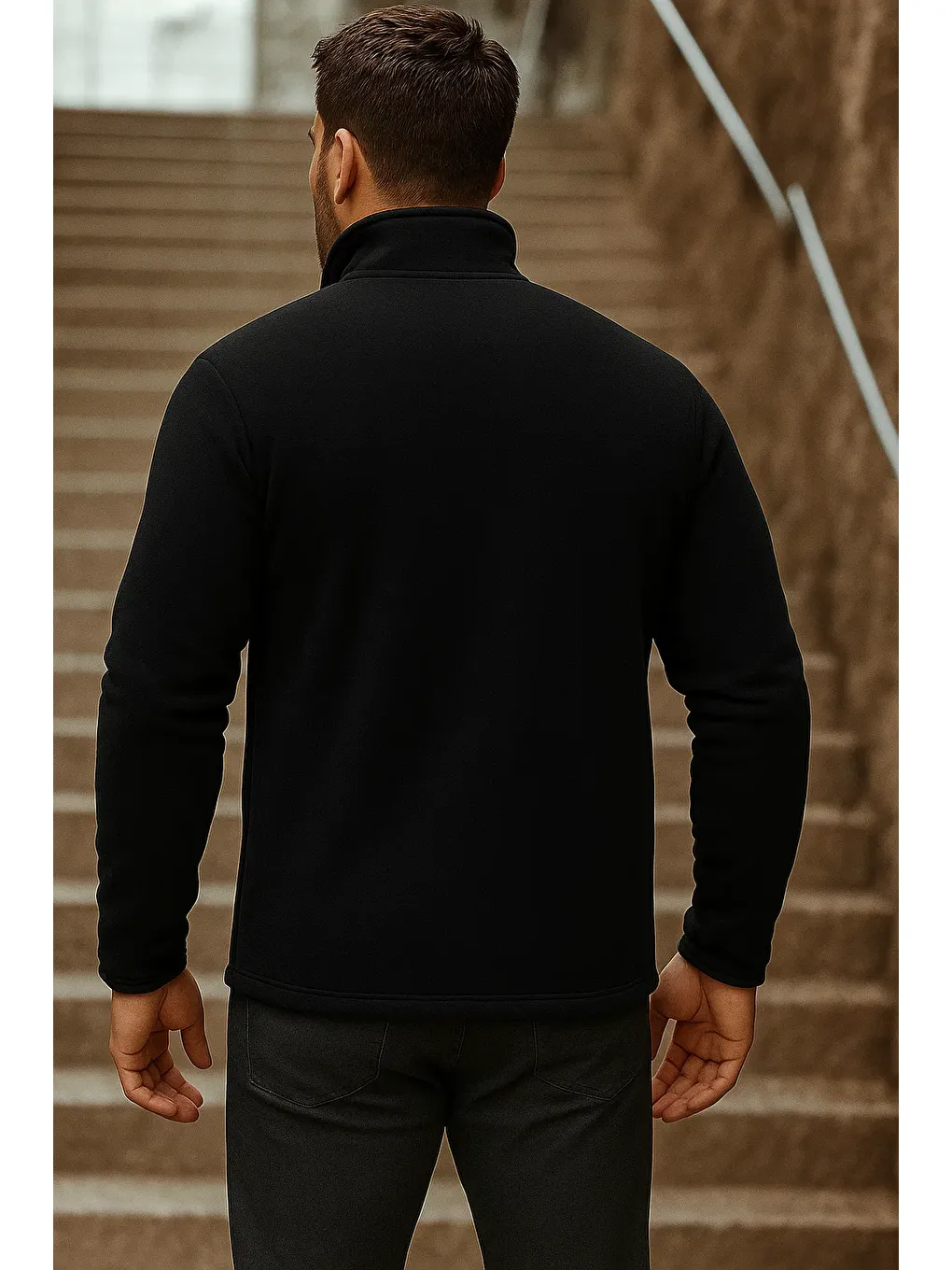 Erkek Fermuarlı Trend Kışlık Cepli Siyah Polar Hırka-5