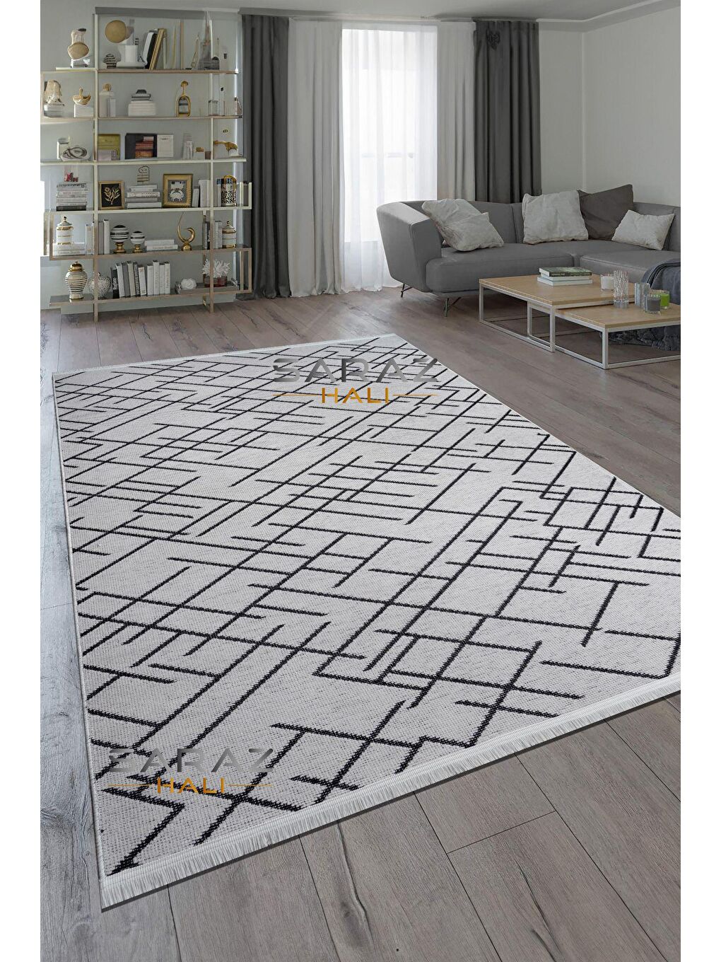 Ekru Zigzag Saçaklı Kaymaz Kilim Krem 100x300