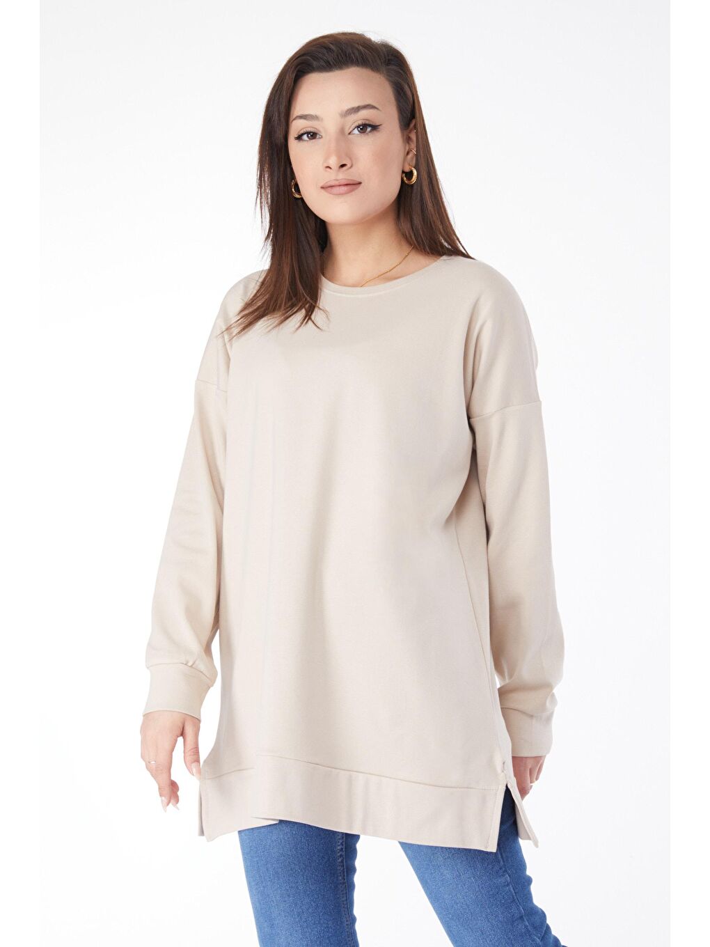 Bisiklet Yaka Kadın Bej Uzun Kollu Sweatshirt - 24653-1