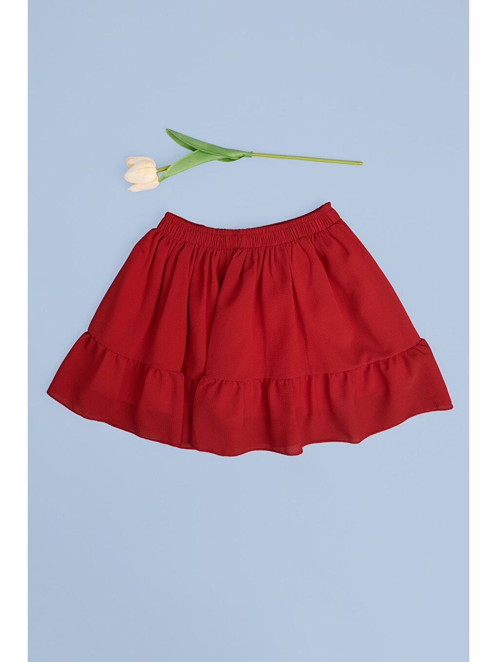 Kırmızı 23 Nisan Beli Lastikli Katlı Kız Çocuk Etek