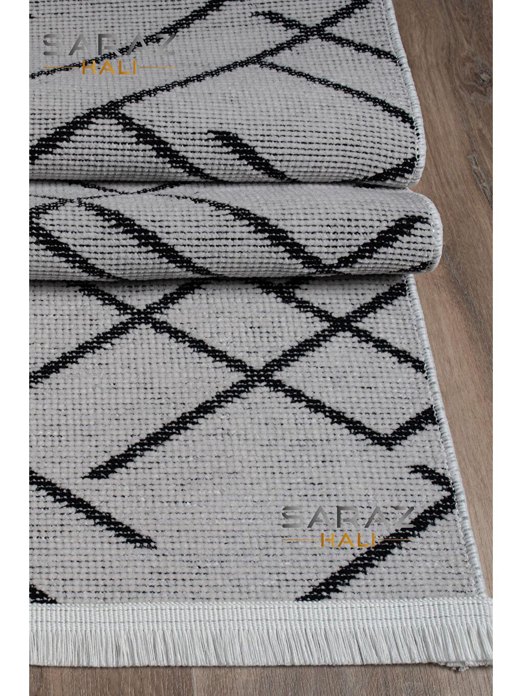 Ekru Zigzag Saçaklı Kaymaz Kilim Krem 100x300-2