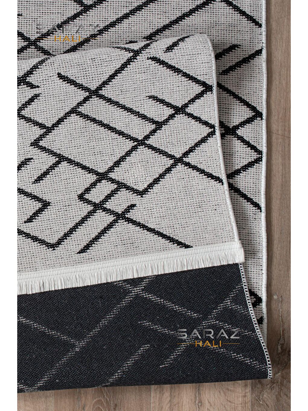 Ekru Zigzag Saçaklı Kaymaz Kilim Krem 100x300-3