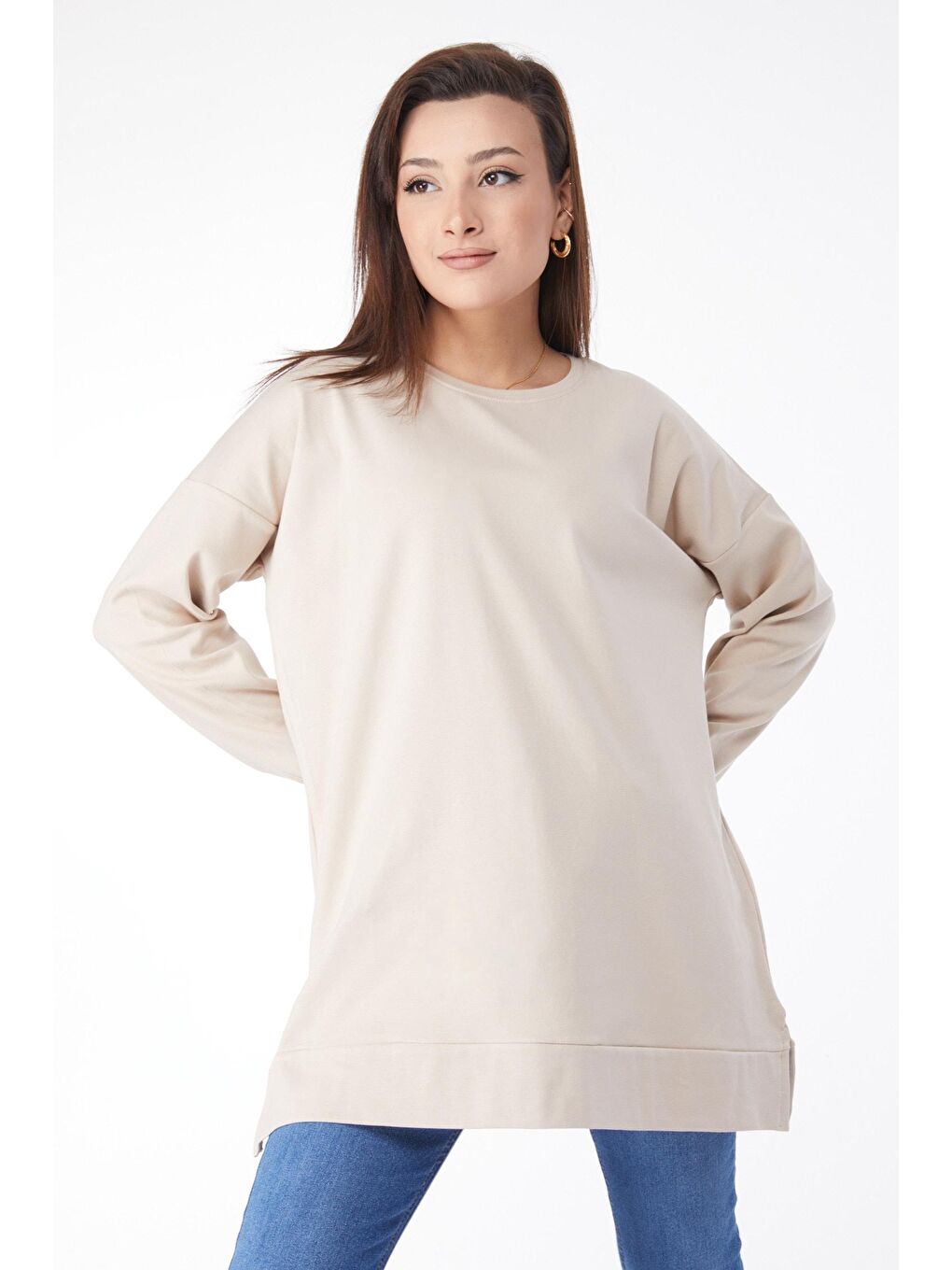 Bisiklet Yaka Kadın Bej Uzun Kollu Sweatshirt - 24653-2