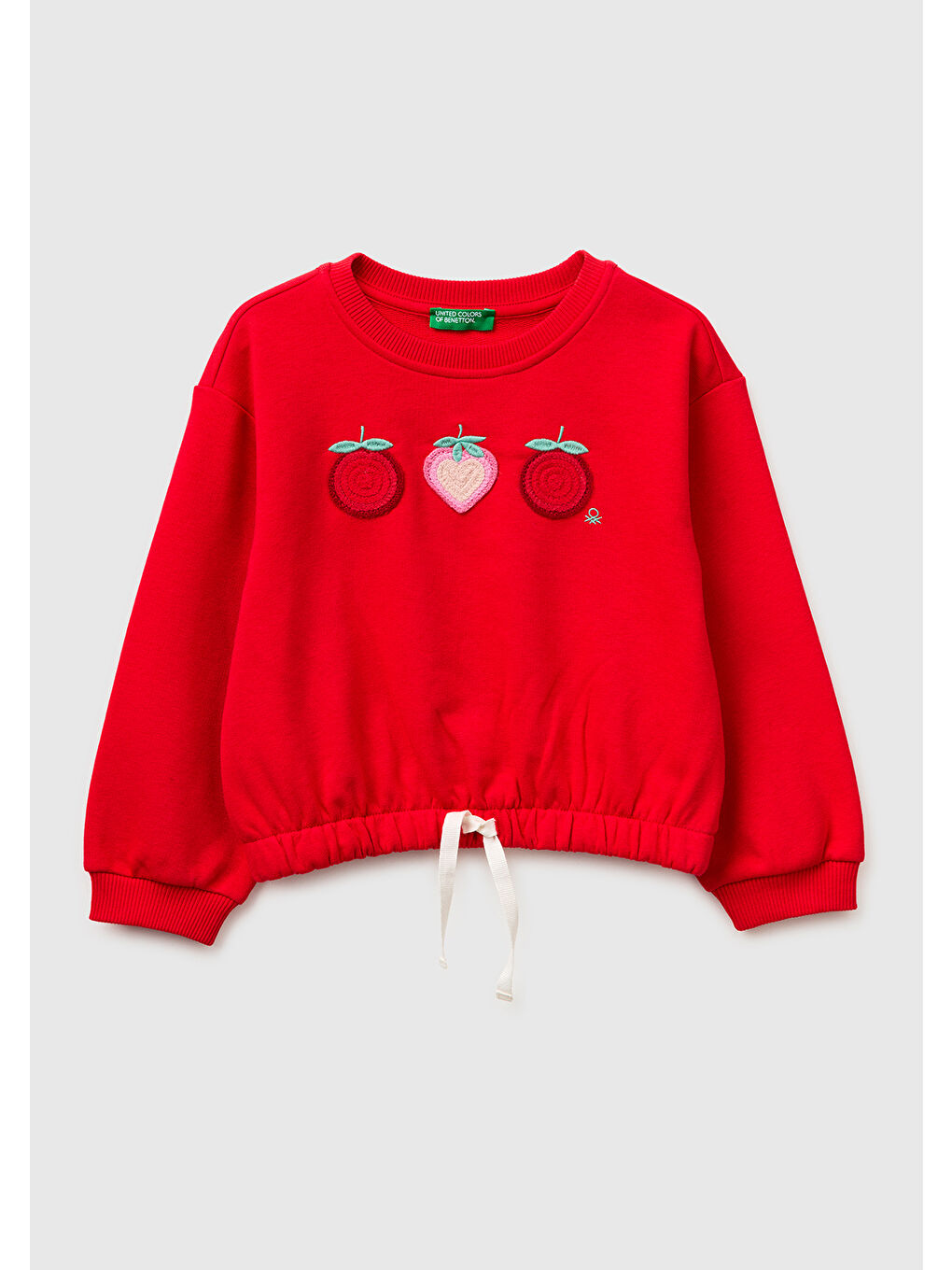 Kız Çocuk Kırmızı Tığ İşi Aplike Detaylı Etek Ucu Büzgülü Sweatshirt