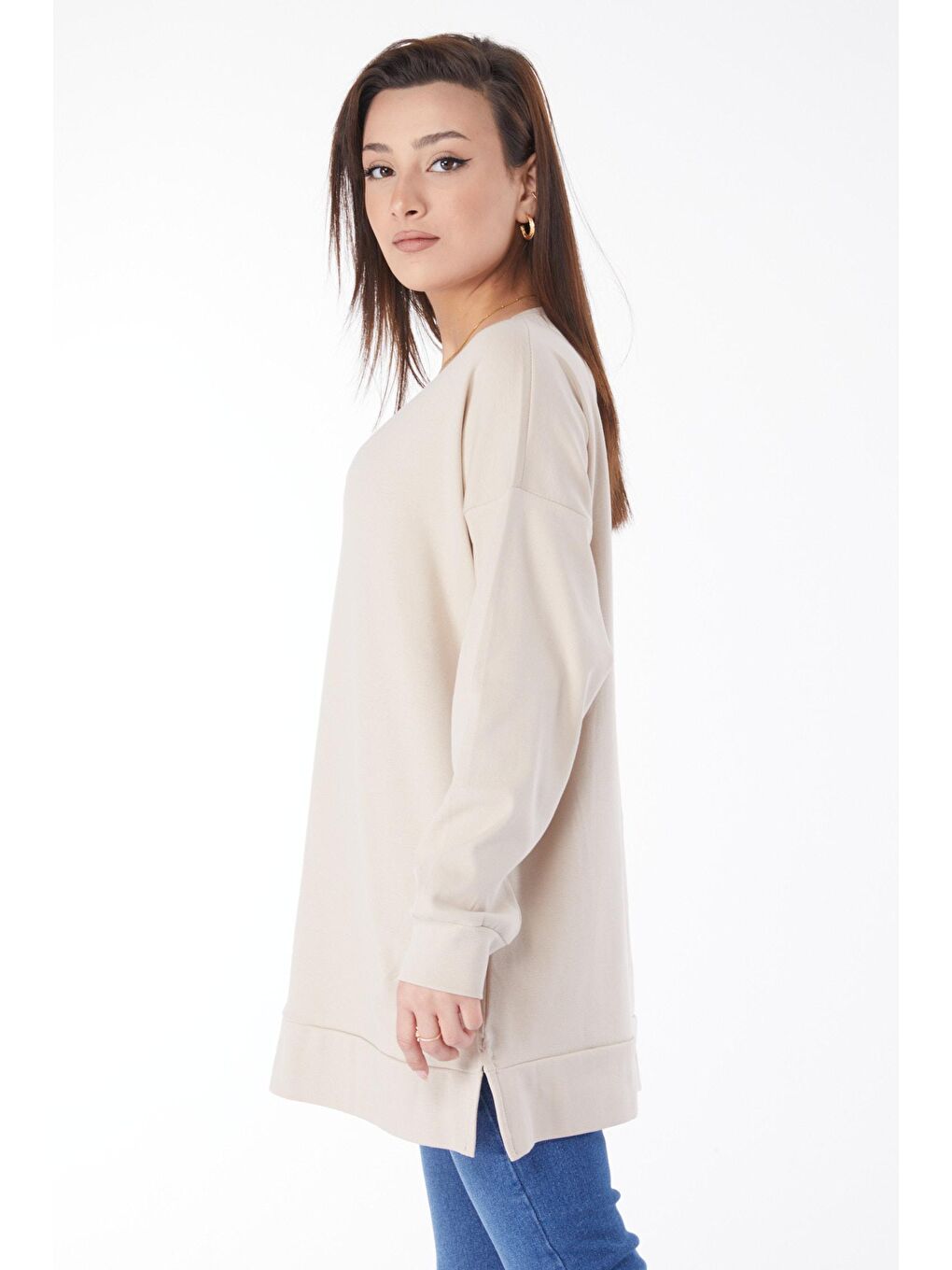 Bisiklet Yaka Kadın Bej Uzun Kollu Sweatshirt - 24653-3