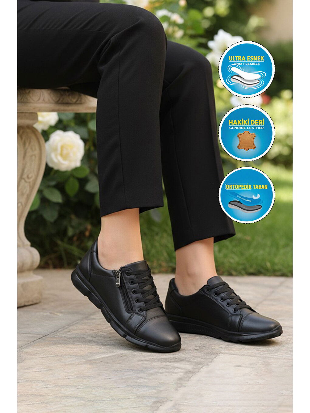 Siyah Hakiki Deri Anatomik Kadın Casual Ayakkabı 635 Z-2