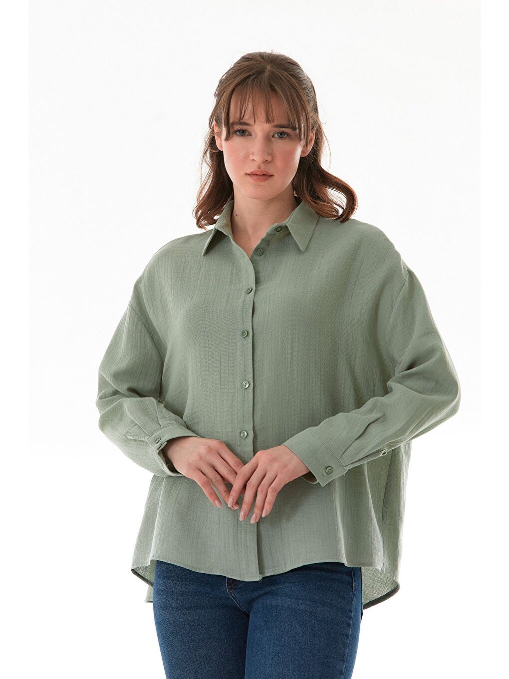 Haki Basic Düğmeli Salaş Gömlek