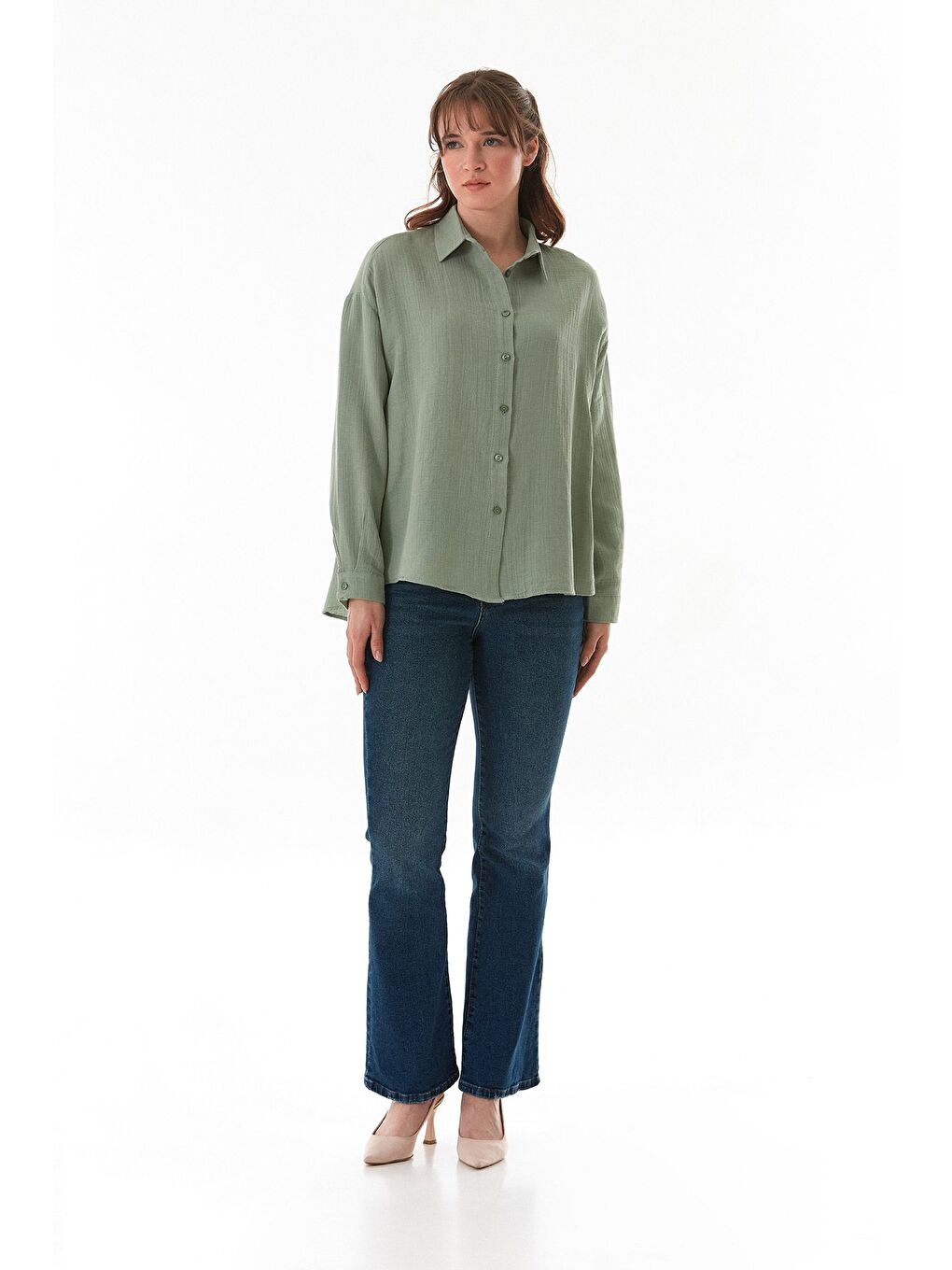 Haki Basic Düğmeli Salaş Gömlek-1
