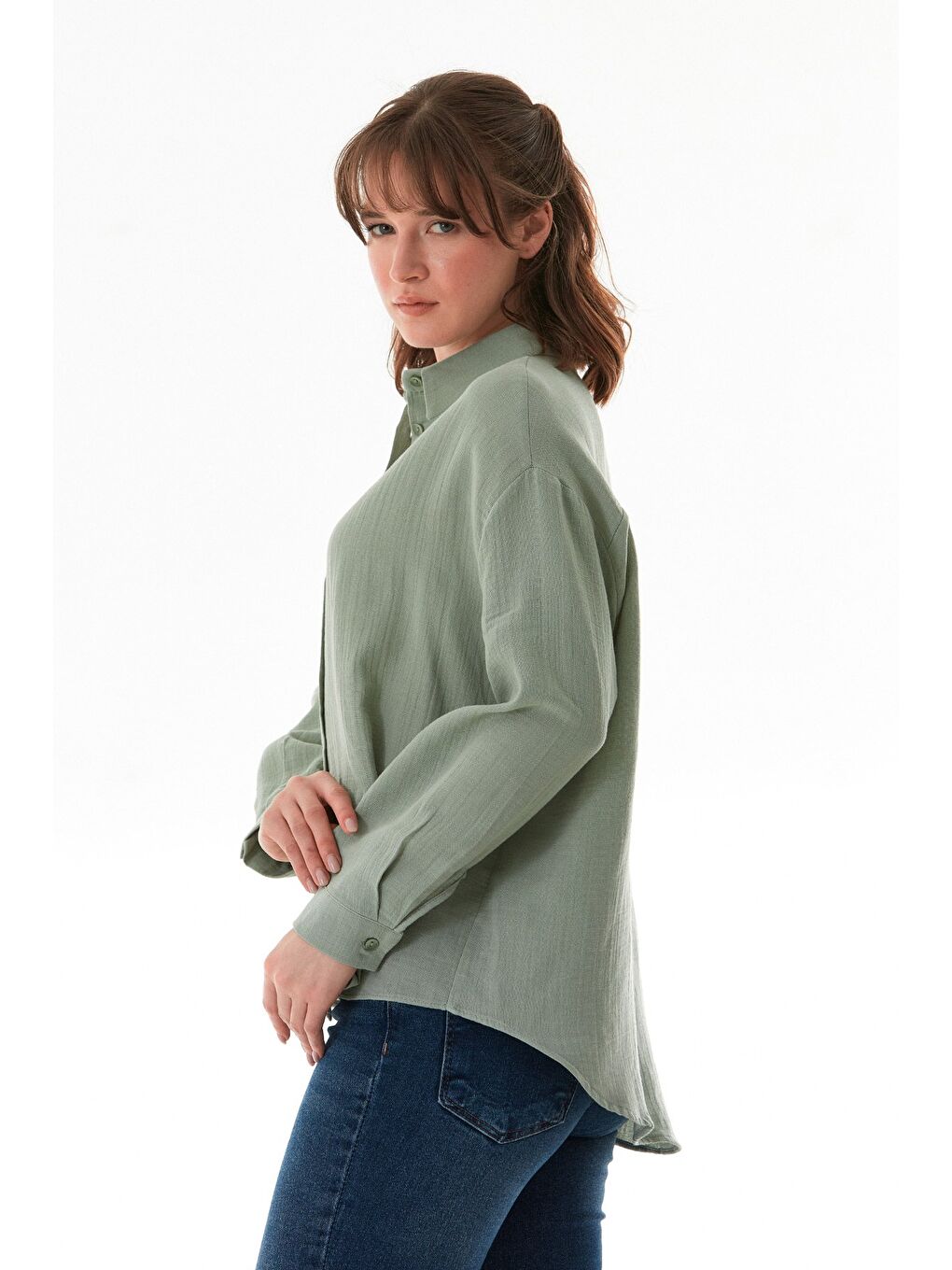 Haki Basic Düğmeli Salaş Gömlek-2