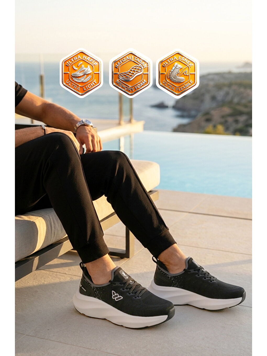 Siyah Beyaz Fileli Hafif Esnek Hafızalı Taban Unisex Spor Ayakkabı Flexnova M-1