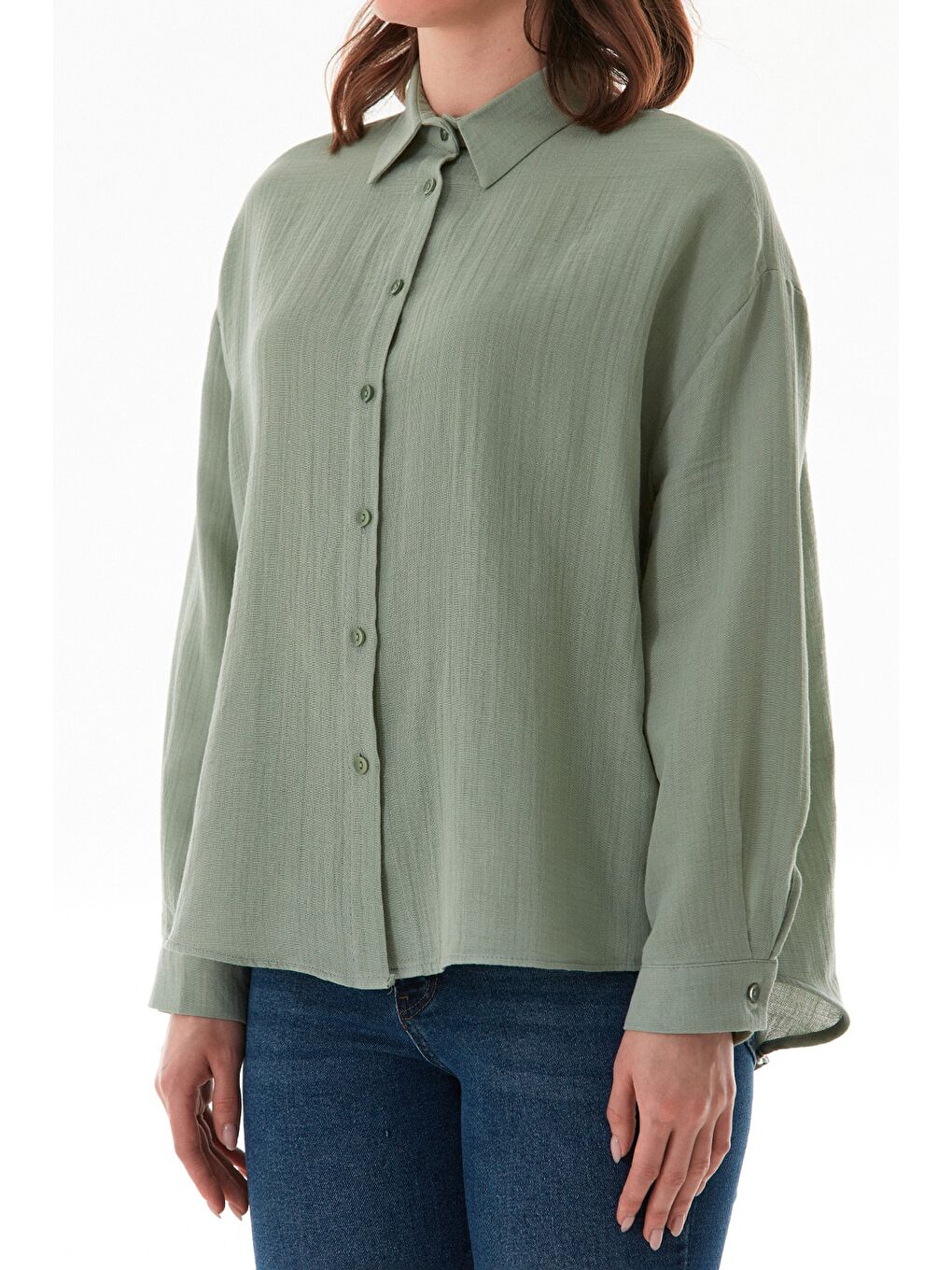 Haki Basic Düğmeli Salaş Gömlek-4