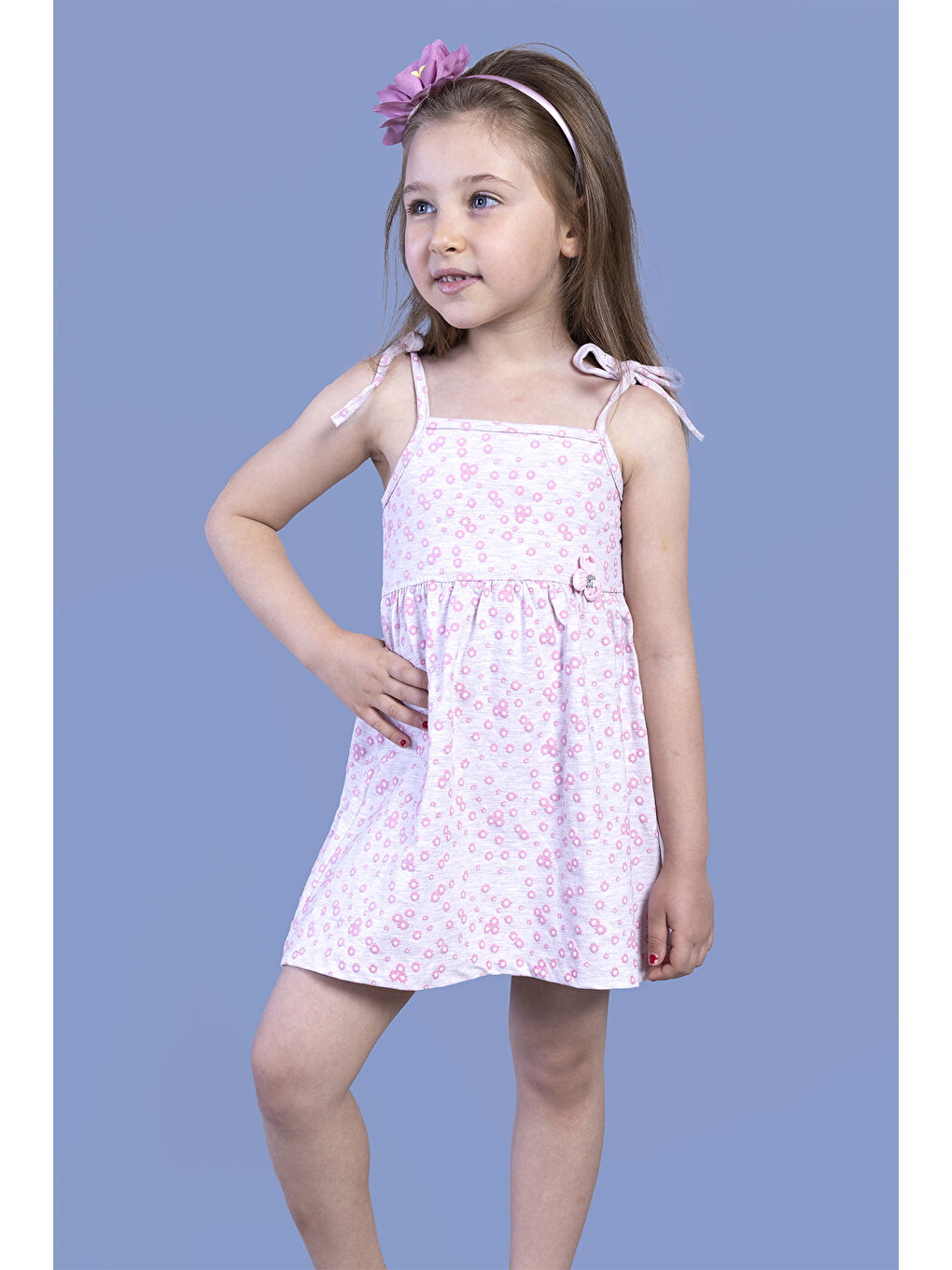 Bej Kız Çocuk Çiçek Kabartma Baskılı Elbise-2