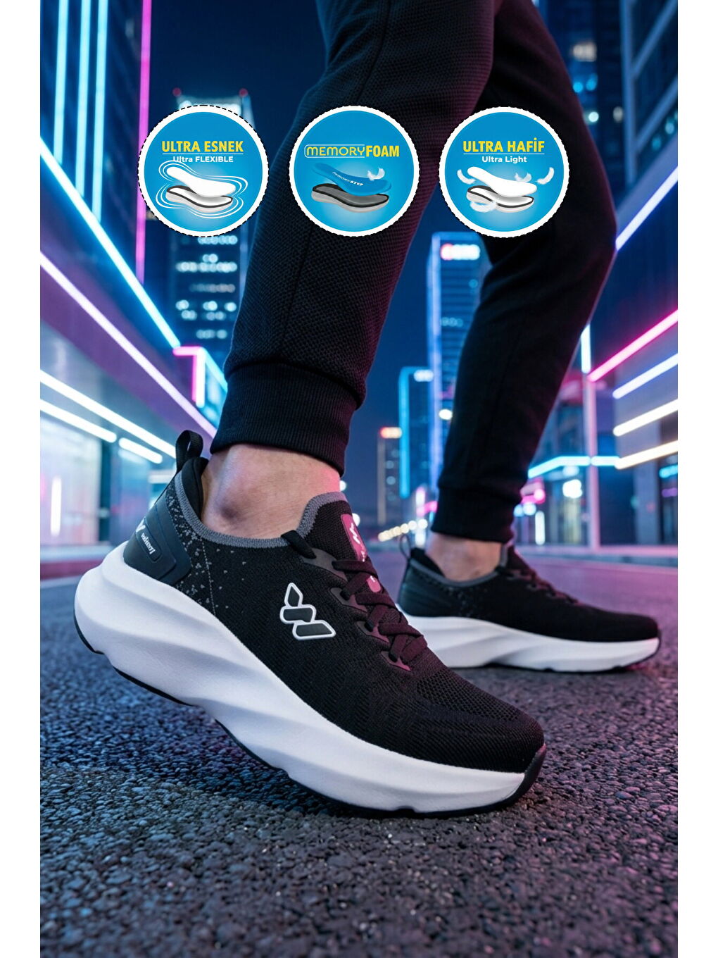 Siyah Beyaz Fileli Hafif Esnek Hafızalı Taban Unisex Spor Ayakkabı Flexnova M-2